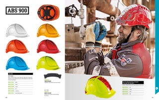 ABS 900
ABS 900
EN 397 EN 50365
Helmet in ABS with textile six-point head harness. With slots for hooking the
earmuffs, two-point adjustable chinstrap, textile sweatband and ratchet wheel
for easy size adjustment.
MD1215K1 White
MD1215E0 Yellow
MD1215H0 Orange
MD1215L0 Red
MD1215N0 Light blue
MD1215E1 High visibility yellow
Not in photo:
FB1130
NECK COVER
Optional cover to protect the neck from debris,
sun and rain.
MD1515
SWEATBAND
Sweatband for ABS 900, Mars and Everest helmets.
KIT OF REFLECTIVE STICKERS
FOR ABS 900 HELMET
Stickers in highly reflective, scratch-proof adhesive prismatic band.
MD1531L0 Red
MD1531E0 Yellow
MD1531X7 Silver
MD1531P0 Blue
370 371
 