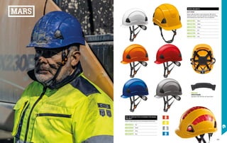 MARS HELMETS
EN 397 EN 50365
Helmet in ABS with textile six-point head harness. With slots for
hooking the earmuffs, three-point adjustable chinstrap with chincup,
textile sweatband and ratchet wheel for easy size adjustment.
MD1217K1 White
MD1217E0 Yellow
MD1217H0 Orange
MD1217L0 Red
MD1217P0 Blue
MD1217B0 Grey
MARS
MD1515
SWEATBAND
Sweatband for ABS 900, Mars and Everest helmet.
KIT OF REFLECTIVE STICKERS FOR MARS
HELMET
Stickers in highly reflective, scratch-proof adhesive prismatic band.
MD1530L0 Red
MD1530E0 Yellow
MD1530X7 Silver
MD1530P0 Blue
373
372
 