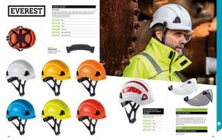 EVEREST HELMET
EN 397 EN 50365
The range of Everest safety helmets is made in HDPE. Withstands low temperatures down to -30°C.
Wide textile sweatband. Four-point chinstrap adjustment with chincup to always ensure correct
positioning. Textile 6-point head harness.
Size with adjustment ratchet wheel 52-63.
MD1216K1 White
MD1216E0 Yellow
MD1216H0 Orange
MD1216N0 Light blue
MD1216E1 High visibility yellow
MD1216H1 High visibility orange
EVEREST
MD1515
SWEATBAND
Sweatband for Everest, Mars
and ABS 900 helmet.
FB1211
SPEED EYE SHIELD
EN 166 F
Speed eye shield specifically designed to fit the Everest helmet, in
scratch-proof and shockproof polycarbonate. Light and easy to mount
thanks to the pre-assembled inserts. Fitted with side arms on the
upper part for critical movement from the work position to the rest
position. Clear lens.
FB1212
TINTED SPEED EYE SHIELD
Smoke lens version.
KIT OF REFLECTIVE
STICKERS FOR EVEREST
HELMET
Stickers in highly reflective, scratch-proof
adhesive prismatic band.
MD1532L0 Red
MD1532E0 Yellow
MD1532X7 Silver
MD1532P0 Blue
374 375
 