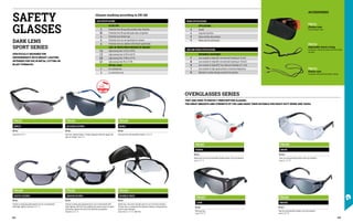 FB1420
AZOTO SCURO
EN 166 F
Entirely in smoky grey polycarbonate for use in environments
with bright lighting. Grey lens 5-3,1 1 F.
FB1422
SMOKE
EN 166 FT
Grey lens and extensible temples. Anti-fog treatment.
Lens 5-2,5 1 FT.
FB1411
ZINCO
EN 166 F
Grey lens 5-2,5 1 F.
FB1421
ARGON SCURO
EN 166 F
Entirely in smoky grey polycarbonate for use in environments with
bright lighting, with inner foam padding that absorbs shock on impact
and protects against the entry of fine particles and splashes.
Grey lens 5-3,1 1 F.
FB1415
LAVA
EN 166 F
With grey lens.
Lens 5-2,5 1 F.
FB1418
BORA
EN 166 F
Dark grey lens with extendible temples, 5-2,5 1 F.
FB1423
DOUBLE FACE
EN 166 F
Double lens, clear inner and dark outer for use in all work situations.
The dark lens is conveniently lifted without needing to change glasses.
Scratch-proof treatment.
Clear lens 2C-1,2 1 FT. Dark lens.
FB1412
ACCIAIO SCURO
EN 166 F
Dark lens, flexible temples. Provides adequate protection against the
glare of sunlight. Lens 5 1 F.
FB1318
TERRA
EN 166 S
Model with clear lens and extendible, flexible temples. Anti-fog treatment.
Lens 2-1,2 1 S.
SPECIFICALLY DESIGNED FOR
ENVIRONMENTS WITH BRIGHT LIGHTING.
INTENDED FOR USE IN METAL CUTTING OR
BLAST FURNACES.
THEY ARE USED TO PROTECT PRESCRIPTION GLASSES.
THE GREAT BREADTH AND STRENGTH OF THE LENS MAKE THEM SUITABLE FOR HEAVY DUTY WORK AND TASKS.
SAFETY
GLASSES
FB1711
Glasses case
Can be hooked to belt.
FB1712
Adjustable elastic string
For glasses, connecting temples directly through
the holes.
FB1713
Elastic cord
For glasses with perforated temple endings.
ACCESSORIES
Glasses marking according to EN 166
DARK LENS
SPORT SERIES
OVERGLASSES SERIES
LENS SPECIFICATIONS
FILTER TYPE
2 Protection from UV rays with possible colour distortion
2C Protection from UV rays with good colour recognition
4 Protection from infrared rays
5 Protection from sun not specifically for infrared
6 Protection from sun radiation with infrared specification
LEVEL OF PROTECTION IN PRESENCE OF SUNLIGHT
1,2 Light passing from 74.4% to 99.9%
1,7 Light passing from 43.2% to 58.1%
2,5 Light passing from 17.8% to 29.1%
3,1 Light passing from 8% to 17.8%
OPTICAL CLASS
1 For continual use
2 For intermittent use
FB1330
SNOW
EN 166 FT
Clear lens and extensible temples. Anti-fog treatment.
Lens 2C-1,2 1 FT.
FRAME SPECIFICATIONS
APPLICATIONS
3 Liquids
4 Large dust particles
5 Gases and fine dust particles
9 Molten and hot solid metals
LENS AND FRAME SPECIFICATIONS
MECHANICAL RESISTANCE
F Lens resistant to blows (Ø 6 mm steel ball travelling at 45 m/s)
B Lens resistant to blows (Ø 6 mm steel ball travelling at 120 m/s)
S Lens resistant to blows (Ø 22 mm steel ball travelling at 5.1 m/s)
T Lens resistant to high-speed particles at extreme temperatures
K Resistant to surface damage caused by fine particles
384 385
 