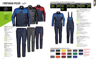 MC6653
NEVADA PLUS SHORT JACKET
EN ISO 13688
MATERIAL: Evolution fabric 65% polyester 	
and 35% cotton, 240 g/m²
COLOUR: various colours
SIZES: 38-66
∙
∙ Concealed six-buttons closure
∙
∙ Two chest pockets with flap and Velcro
∙
∙ Two lower pockets
∙
∙ Two-tone sleeves
∙
∙ Reflex piping on chest
∙
∙ Cuffs fastened with Velcro
∙
∙ Jointed double stitched seams
MC6613
NEVADA PLUS TROUSERS
EN ISO 13688
MATERIAL: Evolution fabric 65% polyester 		
and 35% cotton, 240 g/m²
COLOUR: various colours
SIZES: 38-66
∙
∙ Fly with zipper and button closure
∙
∙ Back pocket with flap and Velcro
∙
∙ Side welt pockets
∙
∙ Double utility pocket with flap and Velcro
∙
∙ Jointed double stitched seams
B4 MOUSEY GREY C2 ANTHRACITE E5 YELLOW V7 KHAKI Q7 NAVY BLUE
K1 WHITE Z9 BLACK L5 RED T4 DARK OLIVE GREEN R6 GREEN Q4 BLUE
B7 SLATE GREY H5 ORANGE M3 PLUM S6 DARK GREEN P8 ROYAL BLUE
B8 ASPHALT GREY
COLOURS AVAILABLE IN MASSAUA FABRIC
MC6633 NEVADA PLUS BIB-TROUSERS EN ISO 13688
MATERIAL: Evolution fabric 65% polyester and 35% cotton, 240 g/m²
COLOUR: various colours SIZES: 38-66
∙
∙ Adjustable, elasticated shoulder straps with quick-fastening buckle
∙
∙ Bib pocket with flap and Velcro fastening
∙
∙ Side pockets
∙
∙ Back pocket with flap and Velcro
∙
∙ Utility pockets with flap and Velcro
∙
∙ Rear bib and rear elasticated waistband
∙
∙ Side openings with button
∙
∙ Jointed double stitched seams
MC6673 NEVADA PLUS COVERALL EN ISO 13688
MATERIAL: Evolution fabric 65% polyester and 35% cotton, 240 g/m²
COLOUR: various colours SIZES: 38-66
∙
∙ Shirt collar
∙
∙ Two-way central zipper closure
∙
∙ Two-tone sleeves
∙
∙ Reflex piping on chest
∙
∙ Two welt pockets
∙
∙ Two chest pockets with flap and Velcro closure
∙
∙ Back elasticated waistband
∙
∙ Back pocket with flap and Velcro
∙
∙ Jointed double stitched seams
COLOURS AVAILABLE
IN EVOLUTION FABRIC
see page 33
COLOURS AVAILABLE
IN SUMMER TECH FABRIC
see page 31
COLOURS AVAILABLE
IN FUSTIAN FABRIC
see page 41
NEVADA PLUS
RECOMMENDED
FOR
•	METALWORKING
INDUSTRY
•	CONSTRUCTION
•	LOGISTICS
•	TRANSPORT
•	AGRICULTURE
•	MAINTENANCE
CUSTOMISED
GARMENTS
THE NEVADA RANGE IS AVAILABLE IN FOUR TYPES OF FABRIC:
100% 100%
65%
35%
280 350
240 MASSAUA COTTON 3/1 COTTON
POLYESTER
COTTON
G/M2 G/M2
G/M2
EVOLUTION MASSAUA FUSTIAN
No picture:
MC6683 NEVADA PLUS COAT EN ISO 13688
MATERIAL: Evolution fabric 65% polyester and 35% cotton, 240 g/m²
COLOUR: various colours SIZES: 38-66
∙
∙ Concealed four-button closure
∙
∙ Two lower pockets
∙
∙ Chest pocket with pen holder, flap and Velcro
∙
∙ Elasticated cuffs
∙
∙ Fixed martingale
∙
∙ Rear split
∙
∙ Jointed double stitched seams
MC6684 Fustian 100% cotton, 350 g/m²
MC6682 100% Sanforized Massaua cotton, 280 g/m²
MC6654
Fustian 100% cotton, 350 g/m²
MC6652
100% Sanforized Massaua cotton, 280 g/m
MC6614
Fustian 100% cotton, 350 g/m²
MC6612
100% Sanforized Massaua cotton, 280 g/m²
MC6674 Fustian 100% cotton, 350 g/m²
MC6672 100% Sanforized Massaua cotton, 280 g/m²
MC6634 Fustian 100% cotton, 350 g/m²
MC6632 100% Sanforized Massaua cotton, 280 g/m²
100% 200
GABARDINE
COTTON 3/1
G/M2
SUMMER TECH
MC6631 100% Gabardine cotton 3/1, 200 g/m²
MC6611
100% Gabardine cotton 3/1, 200 g/m²
MC6671 100% Gabardine cotton 3/1, 200 g/m²
MC6651
100% Gabardine cotton 3/1, 200 g/m²
MC6681 100% Gabardine cotton 3/1, 200 g/m²
36 37
 