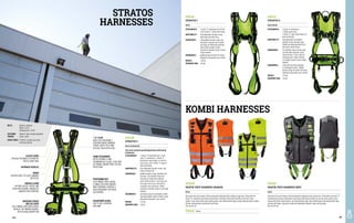 STRATOS
HARNESSES
ELASTIC LOOPS
SPECIALLY DESIGNED TO RETAIN THE
EXCESS STRAP ENDS
AUTOMATIC BUCKLES
HOOKS
ON BOTH SIDES, TO PLACE LANYARDS
NOT IN USE
VENTRAL D-RING
FOR ROPE ACCESS, RESCUE AND
OTHER APPLICATIONS, MAKING THE
HARNESS MULTI-PURPOSE
SHOULDER STRAPS
AND LEG LOOPS
FULLY PADDED, WITH QUICK-ATTACH
BUCKLES. THE PADDING ENSURES
BETTER SHOCK ABSORPTION
“I D” PLATE
BACK PLATE ENCLOSING 2
CROSSING DORSAL WEBBING
STRAPS. KEEPS THE D-RING
IN PLACE, EVEN AFTER A FALL
FRONT ATTACHMENT
UPPER STERNAL D-RING
ERGONOMICALLY PLACED, TO BE USED
AS FRONTAL ANCHOR POINT FOR FALL
PROTECTION
POSITIONING BELT
FULLY PADDED, WITH LATERAL
D-RINGS FOR EXTRA COMFORT
WHILE WORKING. FEATURES A
BACK ATTACHMENT FOR OTHER
ACCESSORIES
ADJUSTMENT SLIDES
EASY TO USE, EVEN WITH
ONE HAND
FD1120
PRATIK VEST HARNESS ORANGE
EN 361
Two-point fall arrest harness, with permanently integrated high visibility orange vest. Fitted with one
dorsal “D” attachment and sternal attachment consisting of two textile buckles for the fall arrest
system. Front closure with quick-attach buckle, vest fastened with zipper, double reflective band on waist
and two tridimensional side pockets with flaps.
One size fits all.
FD1119 Yellow
FD1121
PRATIK VEST HARNESS GREY
EN 361
Two-point fall arrest harness, with permanently integrated multi-pocket vest. Fitted with one dorsal “D”
attachment and sternal attachment consisting of two textile buckles for the fall arrest system, front
closure with quick-attach buckle, vest fastened with zipper, two tridimensional side pockets with flaps
and two with zipper. Ergonomic model with adjustable shoulder straps and leg loops.
One size fits all.
FD1116
STRATOS 1
EN 361
ATTACHMENTS: 1 dorsal ‘D’ attachment for the fall
arrest system. 2 textile chest loops.
ADAPTABILITY: fully adjustable shoulder straps,
legs loops and chest strap.
ADVANTAGES: fully padded shoulder straps and
leg loops for greater user comfort.
Leg loops are fitted with automatic
quick-attach buckles. Hooks
inserted on shoulder straps to place
single lanyards.
ERGONOMICS: padded straps for better fall shock
absorption and greater user comfort.
WEIGHT: 1.68 kg
MAXIMUM LOAD: 140 kg
BELTS: Material: polyester
Width: 44 mm
Breaking force: 23 kN
STITCHING
THREAD:
Material: high strength polyamide
Colour: green
STATIC FORCE: 15 kN for 3 minutes per every
attaching element
FD1117
STRATOS 2
EN 361 EN 358
ATTACHMENTS: 1 dorsal ‘D’ attachment.
2 textile chest loops.
2 lateral ‘D’ rings, waist height, for
work positioning.
ADAPTABILITY: fully adjustable and padded
shoulder straps and legs loops.
Padded and adjustable waist belt
with quick-attach buckle.
ADVANTAGES: the shoulder straps and leg loops
are fitted with automatic quick-
attach buckles. 2 back rings for
attaching tools. Hooks inserted
on shoulder straps to place single
lanyards.
ERGONOMICS: sitting belt specially designed
for prolonged comfort. Padded
harness straps for better fall shock
absorption and greater user comfort.
WEIGHT: 2.20 kg
MAXIMUM LOAD: 140 kg
FD1118
STRATOS 3
EN 361 EN 358 EN 813
Fall arrest and work positioning harness with sternal
attachment.
ATTACHMENTS: 1 dorsal ‘D’ attachment and 1 front/
chest ‘D’ attachment; 1 ventral ‘D’
attachment, waist height, on front for
rope access, and 2 lateral ‘D’ rings for
work positioning.
ADAPTABILITY: fully adjustable shoulder straps, legs
loops and waist belt.
ADVANTAGES: padded shoulder straps, waistbelt and
leg loops. The shoulder straps and
leg loops are fitted with automatic
quick-attach buckles. 2 tool rings and
one larger extra ring on the back for
carabiners and accessories. Hooks
inserted on shoulder straps to set single
lanyards.
ERGONOMICS: stretching straps for prolonged comfort.
Specially padded straps for better shock
absorption and greater user comfort.
WEIGHT: 2.40 kg
MAXIMUM LOAD: 140 kg
KOMBI HARNESSES
396 397
 