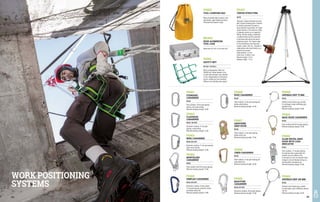 WORK POSITIONING
SYSTEMS
FD2011
SAFETY NET
EN 1263-1 EN 1263-2
Made in polypropylene. Mesh size
100x100 mm, thread diameter 6 mm.
It comes with perimeter rope, diameter
13 mm. Indispensable on construction
sites for roofing and truss assembly.
Different sizes available upon request.
FD2012
TOOL-CARRYING BAG
Made of washable Nylon material, semi-
rigid bottom, upper drawstring closure.
Fitted with two shoulder straps.
MC4912
RIGID ALUMINIUM
TOOL CASE
Dimensions 55 x 38 x 19 cm, with lock.
FD1217
TRIPOD STRUCTURE
EN 795
Telescopic, tubular aluminium structure
with 3 ground standing points. Essential
for descent operations into wells or
holes otherwise inaccessible. The Tripod
system features a 20 m winch for lifting
or lowering a person up to a weight of
500 Kg. The wire-ending is fitted with
a carabiner which must be connected
to harnesses with dorsal and sternal
attachment points. The Tripod is ideal
for the maintenance and inspections
of wells, sewers, lifts, etc.; moreover it
allows workers who have fainted or are
injured to be rescued.
Cable diameter: 4.5 mm.
Static force: 16 kN for 3 min.
Maximum height: 2.15 m.
Minimum height: 1.15 m.
FD1611
STANDARD
CARABINER
EN 362
Steel carabiner, 18 mm gate opening
opening and screw locking.
Minimum breaking strength: 25 kN.
FD1612
CLASSIQUE
CARABINER
EN 362 EN 12275
Aluminium carabiner, 22 mm gate
opening, screw locking.
Minimum breaking strength: 23 kN.
FD1613
BERG CARABINER
EN 362 EN 12275
Aluminium carabiner, 21 mm gate opening,
triple-action locking.
Minimum breaking strength: 23 kN.
FD1614
MONTBLANC
CARABINER
EN 362
Steel carabiner with 50 mm gate opening.
Minimum breaking strength: 23 kN.
FD1615
SIMPLEX CARABINER
EN 362 EN 12275
Aluminium carabiner, chrome-plated,
21 mm gate opening, automatic closure
and double safety lock.
Minimum breaking strength: 23 kN.
FD1626
BOZE CARABINER
EN 362
Steel carabiner, 16 mm gate opening and
double safety locking.
Minimum breaking strength: 25 kN.
FD1617
ANAPURNA
SNAP HOOK
EN 362
Steel carabiner, 16 mm gate opening;
double action lock.
Minimum breaking strength: 23 kN.
FD1618
CIBER CARABINER
EN 362
Steel carabiner, 22 mm gate opening and
triple safety lock.
Minimum breaking strength: 40 kN.
FD1619
MAXITUBE
CARABINER
EN 362 EN 12275
Aluminium carabiner, 60 mm gate opening.
Minimum breaking strength: 22 kN.
FD1620
GRIPMAX GRIP 75 MM
EN 362
Stainless steel Gripmax grip, suitable
for anchorage to pipe scaffolding, gate
opening 75 mm.
Minimum breaking strength: 20 kN.
FD1621
MAXI HOOK CARABINER
EN 362
Steel carabiner with 85 mm gate opening.
Minimum breaking strength: 23 kN.
FD1622
GLAM SWIVEL SNAP
HOOK WITH LOAD
INDICATOR
EN 362
Steel carabiner, 12 mm gate opening;
the indicator band is green when the
carabiner has not suffered a fall.
In the event of a fall, the indicator colour
changes to red and thereby serving as a
warning before subsequent use.
Minimum breaking strength: 23 kN.
FD1623
GRIPMAX GRIP 140 MM
EN 362
Stainless steel Gripmax grip, suitable
for anchorage to pipe scaffolding, opening
140 mm.
Minimum breaking strength: 20 kN.
404 405
 