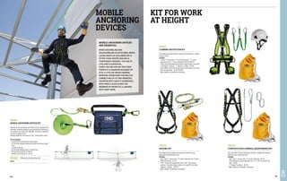MOBILE
ANCHORING
DEVICES
MOBILE ANCHORING DEVICES
ARE ESSENTIAL
WHEN ASSEMBLING AND
DISASSEMBLING SCAFFOLDING, WHEN
LAYING ROOFS OF BUILDINGS OR IN
OTHER TASKS WHERE RAILING IS
TEMPORARILY MISSING, THE USE OF
LIFELINES IS ESSENTIAL.
USING THE ANCHOR ON TWO FIXED
POINTS AT A MAXIMUM DISTANCE OF
20 M, A LIFELINE MAKES NORMAL
WORKING OPERATIONS POSSIBLE BY
CONNECTING UP TO TWO WORKERS,
EQUIPPED WITH SAFETY HARNESSES,
WHO FREELY SLIDE ALONG THE
WEBBING BY MEANS OF A LANYARD
WITH SNAP HOOK.
KIT FOR WORK
AT HEIGHT
FD1711
CLIMBING PROTECTION KIT
SIR Climbing Protection Kit offers complete fall protection for climbing
up pylons safely.
Includes:
∙
∙ “Stratos 3” harness with 1 “D” dorsal attachment, 2 “D” frontal
attachments and 2 “D” lateral attachments EN 361-358-813;
∙
∙ Forked elasticated webbing lanyard with energy absorber, comes with
2 “Montblanc” carabiner + 1 “Standard” carabiner - EN 355;
∙
∙ Everest HDPE helmet with internal textile 6-point harness and 4-point
chinstrap adjustment - EN 397 EN 50365;
∙
∙ Water-repellent and washable carrying bag.
FD1712
ROOFING KIT
SIR roofing kit offers complete fall protection suited for various
applications when working on roofs.
Includes:
∙
∙ Light “Sokoi 2” harness with 1 “D” dorsal attachment and 2 frontal
textile attachments - EN 361;
∙
∙ “Block” device with energy absorber and “Ciber” triple locking
carabiner + Kernmantel high resistance 15 m rope (Ø 12 mm) with
“Anapurna” carabiner - EN 353-2;
∙
∙ Water-repellent and washable carrying bag.
FD1713
CONSTRUCTION & GENERAL MAINTENANCE KIT
SIR Construction & General Maintenance Kit offers complete fall protection
suited for many construction works.
Includes:
∙
∙ Light “Sokoi 1” harness with 1 “D” dorsal attachment - EN 361;
∙
∙ Triple twisted rope lanyard adjustable from 1 to 2 m (Ø 14 mm) with side
loops - EN 358;
∙
∙ 2 “Standard” carabiners - EN 362;
∙
∙ Water-repellent and washable carrying bag.
FD1811
MOBILE ANCHORING DEVICE KIT
Designed for easy installation and removal, the kit is equipped with
the proper turnbuckle allowing for easy tensioning and mounting to
any suitable anchor point (from 2000 daN). The device is intended to
be used by 2 people at once.
Maximum deflection in the event of a fall: 2 metres (with 2 users).
The kit includes:
∙
∙ a handy and resistant bag with closing buckle;
∙
∙ a 35 mm wide polyester webbing duly rolled up (maximum length
20 m);
∙
∙ a ratchet turnbuckle;
∙
∙ two anchorage webbing slings (1 m) with rings;
∙
∙ two positioning lanyards art. FD1429;
∙
∙ two fall arrest harnesses art. FD1113.
FD1812 Webbing and anchorage slings only
EN 795
406 407
 