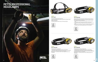 FD2136
PIXA 2 HEADLAMP
Headlamp with mixed beam. Two lighting modes:
1. a mode suitable for close-range work: lights to 25 metres for 26 hours (20 lumen);
2. a mode suitable for movement: mixed beam, lights to 55 metres for 3 and a half hours (80 lumen).
Excellent resistance to falls (two metres), to impacts and to crushing (80 kg).
Waterproof down to -1 m for 30 minutes. Resistant to chemicals. Weight (with batteries): 160 g.
3-year guarantee.
FD2137
PIXA 1 HEADLAMP
Headlamp with wide, uniform light beam. Two lighting modes:
1. a weak mode suitable for close-range work: lights to 10 metres for 16 hours (20 lumen);
2. strong mode suitable for movement, lights up to 15 metres for 3 and a half hours (60 lumen).
Constant lighting, brightness does not decrease gradually during its entire lifetime. Excellent resistance
to falls (two metres), to impacts and to crushing (80 kg).
Waterproof down to -1 m for 30 minutes. Resistant to chemicals. Weight (with batteries): 160 g.
3-year guarantee.
FD2143
DUO Z1 LAMP
Front lamp with maximum power 360 lumen. Multi-purpose.
It features four lighting modes, making it adaptable to every situation: close-range work, proximity,
movement and long-range vision.
FACE2FACE anti-glare function.
It can be worn on Vertex and Strato helmets, thanks to the included mounting plates.
FD2135
PIXA 3 HEADLAMP
Multi-beam headlamp suitable for close-range work, for moving around and for long-range vision.
Headlamp keeps the hands free for work: may be worn on the head with the headband, mounted on a
helmet, or placed on the ground. Three lighting modes:
1. a mode suitable for close-range work: wide, uniform beam, lights to 15 metres for 26 hours (20
lumen);
2. a mode suitable for movement: mixed beam, lights to 45 metres for 6 hours (60 lumen);
3. a mode suitable for long-range work: highly focused beam, lights up to 90 metres for 3 hours (100
lumen).
Excellent resistance to falls (two metres), to impacts and to crushing (80 kg). Waterproof down to -1 m
for 30 minutes. Resistant to chemicals. Weight (with batteries): 160 g. 3-year guarantee.
PETZL PROFESSIONAL
HEADLAMPS
Zone 1/21
Zone 2/22 Zone 2/22
Zone 2/22
413
412
 
