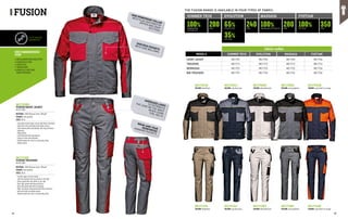 SHORT JACKET MC1751 MC1753 MC1752 MC1754
TROUSERS MC1711 MC1713 MC1712 MC1714
BERMUDAS MC1721 MC1723 MC1722 MC1724
BIB-TROUSERS MC1731 MC1733 MC1732 MC1734
RECOMMENDED
FOR
•	METALWORKING INDUSTRY
•	CONSTRUCTION
•	LOGISTICS
•	TRANSPORT
•	AGRICULTURE AND	
MAINTENANCE
CUSTOMISED
GARMENTS
MC1752VA
COLOUR: khaki/black COLOUR: navy blue/ grey COLOUR: white/anthracite COLOUR: slate grey/black COLOUR: navy blue/hi-vis orange
MC1752QJ MC1752BC MC1752QK
THE FUSION RANGE IS AVAILABLE IN FOUR TYPES OF FABRIC:
100% 100%
65%
100%
35%
280 350
240
200 MASSAUA COTTON 3/1 COTTON
POLYESTER
GABARDINE 	
COTTON 3/1
COTTON
G/M2 G/M2
G/M2
G/M2
EVOLUTION
SUMMER TECH MASSAUA FUSTIAN
COLOUR: khaki/black COLOUR: navy blue/ grey COLOUR: white/anthracite COLOUR: slate grey/black COLOUR: navy blue/hi-vis orange
MC1712VA MC1712QJ MC1712BC MC1712QK
FUSION HIGH WINDPROOF COLLAR
WITH FLAP FASTENED BY
ZIPPER AND SNAP
BUTTONS
SPACIOUS POCKETS
WITH SIDE BELLOWS
WEAR-AND-TEAR
REINFORCED
HANGING POCKETS
OVERSIZED LOOPS
TO DISTRIBUTE
THE LOAD ON THE WAIST
WHEN USING
TOOL BELTS
fabric codes
SUMMER TECH
MODELS EVOLUTION MASSAUA FUSTIAN
MC1752BD
FUSION SHORT JACKET
EN ISO 13688
MATERIAL: 100% Massaua cotton, 280 g/m²
COLOUR: slate grey/red
SIZES: 38-66
∙
∙ Concealed central zipper closure with Velcro fastening
∙
∙ High collar with concealed snap button closure
∙
∙ Chest pockets with side bellows, with flap and Velcro
fastening
∙
∙ Muff pockets
∙
∙ Cuffs fastened with snap buttons
∙
∙ Piping on chest and shoulders
∙
∙ Reinforcement bar tacks in contrasting colour
∙
∙ Double seams
MC1712BD
FUSION TROUSERS
EN ISO 13688
MATERIAL: 100% Massaua cotton, 280 g/m²
COLOUR: slate grey/red
SIZES: 38-66
∙
∙ Fly with zipper and tack button
∙
∙ Two front pockets and coin pocket on the right
∙
∙ Ruler pocket with tool holder on the right
∙
∙ Back right pocket with flap and Velcro
∙
∙ Back left pocket with Velcro fastening
∙
∙ Multi-functional utility pocket with flap and Velcro,
with pen holder and phone pocket
∙
∙ Reinforcement bar tacks in contrasting colour
MC1752KD
MC1712KD
44 45
 