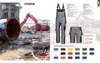 B4 MOUSEY GREY C2 ANTHRACITE E5 YELLOW V7 KHAKI Q7 NAVY BLUE
K1 WHITE Z9 BLACK L5 RED T4 DARK OLIVE GREEN R6 GREEN Q4 BLUE
B7 SLATE GREY H5 ORANGE M3 PLUM S6 DARK GREEN P8 ROYAL BLUE
B8 ASPHALT GREY
COLOURS AVAILABLE IN MASSAUA FABRIC
MC1732BC
FUSION BIB-TROUSERS
EN ISO 13688
MATERIAL: 100% Massaua cotton, 280 g/m²
COLOUR: slate grey/black
SIZES: 38-66
∙
∙ Adjustable shoulder straps with quick-fastening buckles
∙
∙ Bib pocket with flap and Velcro
∙
∙ Side pockets
∙
∙ Three-dimensional rear pockets with flap and Velcro
∙
∙ Multi-functional utility pocket with flap and Velcro, with
pen holder and phone pocket
∙
∙ Ruler pocket with tool holder on the right
∙
∙ Side openings with two buttons
∙
∙ Back elasticated waistband
∙
∙ Jointed double stitched seams
∙
∙ Reinforcement bar tacks in contrasting colour
MC1722BC
FUSION BERMUDAS
EN ISO 13688
MATERIAL: 100% Massaua cotton, 280 g/m²
COLOUR: slate grey/black
SIZES: 38-66
∙
∙ Fly with zipper and tack button
∙
∙ Two front pockets and coin pocket on the right
∙
∙ Ruler pocket with tool holder on the right
∙
∙ Back right pocket with flap and Velcro
∙
∙ Back left pocket with Velcro fastening
∙
∙ Multi-functional utility pocket with flap and Velcro, with
pen holder and phone pocket
∙
∙ Reinforcement bar tacks in contrasting colour
FUSION
COLOURS AVAILABLE
IN EVOLUTION FABRIC
see page 33
COLOURS AVAILABLE
IN SUMMER TECH FABRIC
see page 31
COLOURS AVAILABLE
IN FUSTIAN FABRIC
see page 41
46 47
 