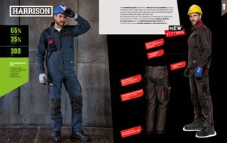 HARRISON
65%
35%
300
POLYESTER
COTTON
G/M2
RECOMMENDED
FOR
•	CONSTRUCTION
•	ASSEMBLY PROCESSES
•	INSTALLATIONS
•	TRANSPORT
•	LOGISTICS
•	MAINTENANCE
THE HARRISON SERIES FEATURES A WIDE SET OF ACCESSORIES SUCH AS
TECHNICAL MULTI-FUNCTIONAL UTILITY POCKETS, PHONE POCKET, PEN
HOLDER, TOOL HOLDER LOOPS AND WEAR-AND-TEAR REINFORCEMENTS 	
IN OXFORD FABRIC ON KNEES AND HEEL PAD.
THE TROUSERS INCLUDE THE POSSIBILITY OF HOUSING THE KNEE PADS
IN THE SPECIFIC POCKET. THE HIGH RESISTANCE DOUBLE JOINTED
STITCHED SEAMS AND THE REINFORCEMENT BAR TACKS WITH
CONTRASTING COLOUR ENSURE DURABILITY AND HIGH QUALITY.
NEW
FITTING
EXPANDABLE
MULTI-FUNCTIONAL
POCKETS
PREFORMED
SLEEVES
ADJUSTABLE
CUFFS
BACK POCKETS
WITH SIDE BELLOWS
GREATER CAPACITY
WEAR RESISTANT
REINFORCED HEEL PAD
EXPANDABLERULERPOCKET
IN WEAR-RESISTANT
MATERIAL
49
48
 