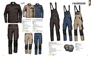 MC1814C3 HARRISON JACKET
EN ISO 13688
MATERIAL: 65% polyester, 35% cotton, weight
300 g/m², Broken Twill 2/2
COLOUR: anthracite
SIZES: 44-62
∙
∙ High tenacity zipper closure
∙
∙ Muff pockets
∙
∙ Multi-functional chest pocket on the right
with pen holder and phone pocket with Velcro
fastening
∙
∙ D-rings under the chest pockets
∙
∙ Cuffs fastened with snap buttons
∙
∙ Jointed double stitched seams
∙
∙ Red details
MC1811C3 HARRISON TROUSERS
EN ISO 13688 EN 14404 (WITH KNEE PADS ART. MC4911)
MATERIAL: 65% polyester, 35% cotton, weight 300 g/m²,
Broken Twill 2/2
COLOUR: anthracite
SIZES: 42-62
∙
∙ Fly with zipper and button
∙
∙ Two front pockets
∙
∙ Double ruler pocket on the right
∙
∙ Multi-functional utility pocket with pen holder on the left
∙
∙ Two rear pockets in wear-and-tear fabric with flap and
snap button
∙
∙ Knee pad pockets
∙
∙ Jointed double stitched seams
∙
∙ Red details
MC1814V7 COLOUR: khaki COLOUR: khaki SIZES: 44-62
COLOUR: air force blue COLOUR: air force blue SIZES: 44-62
MC1814P7 MC1811P7
HARRISON
MC1813C3
HARRISON BIB-TROUSERS
EN ISO 13688 EN 14404 (WITH KNEE PADS ART. MC4911)
MATERIAL: 65% polyester, 35% cotton, weight 300 g/m², Broken Twill 2/2
COLOUR: anthracite
SIZES: 44-62
∙
∙ Fly with zipper
∙
∙ Two front pockets
∙
∙ Bib pocket with flap and snap buttons
∙
∙ Elastic waistband and side buttons
∙
∙ Adjustable elasticated shoulder straps
∙
∙ Two rear pockets in wear-and-tear fabric with flap and snap button
∙
∙ Multi-functional pockets on both sides
∙
∙ Oversized loops and tool holder ring
∙
∙ Knee pad pockets
∙
∙ Red details
COLOUR: khaki
COLOUR: air force blue
MC1813P7
MC1813V7
MC1811V7
MC4911
KGUARD KNEE PAD
EN 14404
MATERIAL: Lightweight EVA foam
COLOUR: black
SIZES: one size fits all
∙
∙ Variable thickness, tortoise shell design
∙
∙ Ergonomic shape
∙
∙ Multi-groove pattern
∙
∙ Dimensions 23x17.5 cm
50 51
 