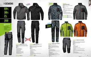 MC2011B6 GEMINI TROUSERS EN ISO 13688
EN 14404 (WITH KNEE PADS ART. MC4911)
MATERIAL: Stretch Canvas 260 g/m², 60% cotton, 38% polyester,
2% elastane; with bi-stretch inserts 93% polyester, 7% elastane,
500D Polyester Oxford reinforcements
COLOUR: grey
SIZES: S-3XL
∙
∙ Fly with button and zipper
∙
∙ Front three-dimensional pockets
∙
∙ Back pockets
∙
∙ Tool holder loops
∙
∙ Concealed badge holder
∙
∙ Knee pad pockets
∙
∙ Reinforced heel pad and knee area with wear-and-tear fabric
∙
∙ Rear part in bi-stretch fabric
∙
∙ Double seams
60%
38%
2%
260
COTTON
POLYESTER
ELASTANE
G/M2
RECOMMENDED
FOR
•	CONSTRUCTION
•	INSTALLATIONS
•	ASSEMBLY PROCESSES
•	TRANSPORT
•	LOGISTICS
•	CHEMICAL INDUSTRY
GEMINI
MC2013B6 GEMINI JACKET EN ISO 13688
MATERIAL: Stretch Canvas 260 g/m², 60% cotton, 38% polyester,
2% elastane; with bi-stretch inserts 93% polyester, 7% elastane
COLOUR: grey
SIZES: S-3XL
∙
∙ High tenacity zipper closure
∙
∙ Anti-tangle inner windproof flap
∙
∙ Adjustable cuffs with Velcro
∙
∙ Multi-functional pockets
∙
∙ Concealed badge holder
∙
∙ Reflective inserts on chest and sleeves
∙
∙ Adjustable Velcro straps on the sides
∙
∙ Black dirt-repellent insert on the forearm
∙
∙ Bi-stretch fabric on the back
MC2012B6 GEMINI CAPRI TROUSERS
EN ISO 13688
MATERIAL: Stretch Canvas 260 g/m², 60% cotton, 38% polyester,
2% elastane; with bi-stretch 93% polyester, 7% elastane inserts,
500D Polyester Oxford reinforcements
COLOUR: grey
SIZES: S-3XL
∙
∙ Calf-length
∙
∙ Fly with zipper and button
∙
∙ Reinforced side pockets
∙
∙ Multi-functional front holster pockets
∙
∙ Back pockets
∙
∙ Ruler pocket with cutter holder and adjustable hammer loop on
the right side
∙
∙ Adjustable tool holder loops with snap buttons on the sides
∙
∙ Utility pocket on the left with phone holder closed with flap and
Velcro
∙
∙ Concealed badge holder
∙
∙ Expandable knee pad pockets
∙
∙ Double seams and wear-and-tear inserts on knees
COLOUR: black COLOUR: black
MC2013Z9 MC2011Z9
COLOUR: melange grey
COLOUR: melange orange
COLOUR: melange fluo yellow
MC2512BM
MC2512HM
MC2011X6 GEMINI CAMO TROUSERS
EN ISO 13688
EN 14404 (WITH KNEE PADS ART. MC4911)
MATERIAL: Stretch Ripstop 260 g/m², 60% cotton, 	
38% polyester, 2% elastane; with bi-stretch 93% polyester, 	
7% elastane inserts, 500D Polyester Oxford reinforcements
COLOUR: camouflage
SIZES: S-3XL
∙
∙ Fly with snap button and zipper
∙
∙ Back pockets with Velcro fastening
∙
∙ Multi-functional utility pocket and small pocket with zippered
closure
∙
∙ Concealed badge holder
∙
∙ Tool holder loops
∙
∙ Ruler pocket with wear-and-tear fabric reinforcement
∙
∙ Expandable knee pad pockets
∙
∙ Reinforced heel pad and knee area with wear-and-tear fabric
∙
∙ Double seams
350
G/M2
NEW
MC2512EM
MC2512X6
FIGHTER SWEATSHIRT
MATERIAL: 100% polyester, 350 g/m² and Softshell
inserts
COLOUR: melange camouflage
SIZES: S-3XL
∙
∙ Central zipper closure with windproof and anti-tangle
inner flap
∙
∙ Zippered chest pocket in Softshell fabric
∙
∙ Two side pockets with anti-tangle zipper closure
∙
∙ Fleece-lined collar
∙
∙ Reflex inserts
∙
∙ Internal drawstring at the bottom hem
∙
∙ Inserts in Softshell fabric on yoke, elbows and sides
∙
∙ Preformed sleeves for greater freedom of movement
STRETCH
RIPSTOP
54 55
 