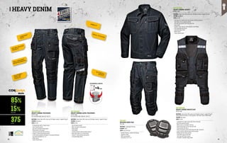CORDURA®
NYCO
ZIP-OFF HOLSTER
POCKETS
AIRBELT®
TRIPLE  STITCHING
BI-STRETCH
INSERTS
MC2551Q8
HEAVY DENIM TROUSERS
EN ISO 13688
EN 14404 (WITH KNEE PADS ART. MC4911)
MATERIAL: Denim fabric 85% cotton and 15% Nylon Cordura®, weight 375 g/m²
COLOUR: blue denim
SIZES: XS-4XL
∙
∙ Preformed legs with bi-stretch inserts
∙
∙ Zip-off holster pockets
∙
∙ Two multi-functional utility pockets
∙
∙ Phone pocket, ruler pocket
∙
∙ Two back pockets with flap and Velcro
∙
∙ Cordura® reinforced knee pad pockets
∙
∙ Crotch bellow openable with zipper for increased ventilation
∙
∙ Leg length extendable by 4 cm
∙
∙ Reflex inserts
∙
∙ Triple stitched seams
MC2574Q8
HEAVY DENIM JACKET
EN ISO 13688
MATERIAL: Denim fabric 85% cotton and 15% Nylon Cordura®, weight 375 g/m²
COLOUR: blue denim
SIZES: XS-4XL
∙
∙ Two large three-dimensional chest pockets with flap and Velcro
∙
∙ Two hidden vertical zippered pockets
∙
∙ Two wide side pockets with Cordura® trims
∙
∙ Inner pocket
∙
∙ Cordura® wear-and-tear reinforcements at the elbows
∙
∙ Cuffs adjustable with Velcro
∙
∙ Concealed badge holder
∙
∙ Reflex inserts
∙
∙ Triple stitched seams
MC2531Q8
HEAVY DENIM CAPRI TROUSERS
EN ISO 13688
EN 14404 (WITH KNEE PADS ART. MC4911)
MATERIAL: Denim fabric 85% cotton and 15% Nylon Cordura®, weight 375 g/m²
COLOUR: blue denim
SIZES: XS-4XL
∙
∙ Zip-off holster pockets
∙
∙ Multi-functional utility pockets
∙
∙ Phone pocket
∙
∙ Ruler pocket
∙
∙ Two back pockets reinforced with Cordura®
∙
∙ Back-knee inserts in bi-stretch fabric
∙
∙ Cordura® reinforced knee pad pockets
∙
∙ Concealed badge holder
MC2516Q8
HEAVY DENIM WAISTCOAT
EN ISO 13688
MATERIAL: Denim fabric 85% cotton and 15% Nylon Cordura®, weight 375 g/m²;
reinforcements and inserts in 65% polyester, 35% cotton, back in Mesh fabric
COLOUR: blue denim
SIZES: XS-4XL
∙
∙ Concealed front zipper closure with Velcro fastening
∙
∙ Belt with automatic buckle
∙
∙ Reflex inserts on shoulders and back
∙
∙ Stretch mesh fabric on the inner back side
∙
∙ Chest pockets with Velcro
∙
∙ Phone and glasses pocket with shockproof fabric protection
∙
∙ Easy-to-access reinforced back holster pockets
∙
∙ Reinforced front holster pockets
∙
∙ Tool holder rings on both sides
∙
∙ Tool loops with Velcro closure
∙
∙ Concealed, removable badge holder
denim
HEAVY DENIM
100% CORDURA®
REINFORCEMENTS
ADJUSTABLE
KNEE PAD
POCKETS
85%
15%
375
COTTON
NYLON
G/M2
EXTENDABLE LENGTH
MC4911
KGUARD KNEE PAD
EN 14404
MATERIAL: Lightweight EVA foam
COLOUR: black
SIZES: one size fits all
∙
∙ Variable thickness, tortoise shell design
∙
∙ Ergonomic shape
∙
∙ Multi-groove pattern
∙
∙ Dimensions 23x17.5 cm
58 59
 