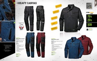 HEAVY CANVAS
NYCO
75%
25%
320
COTTON
NYLON
G/M2
REINFORCED RULER POCKET
IN CORDURA®, DETACHED 	
AT THE BOTTOM TO SWING OUT
WHEEN KNEELING.
HOLSTER POCKET 	 	 	
AND BAR-TACKED TOOL
LOOPS.
SPACIOUS POCKETS
CORDURA® REINFORCED, 	
WITH VELCRO TAB.
TRIPLE STITCHING
CORDURA® NYCO
REFLEX INSERTS
ERGOFIT®
100% CORDURA®
REINFORCEMENTS
01
02
01
02
MC2521C4
HEAVY CANVAS TROUSERS
EN ISO 13688
EN 14404 (WITH KNEE PADS ART. MC4911)
MATERIAL: 75% cotton, 25% Nylon
Cordura®, Canvas 2/2 NYCO, weight 		
320 g/m²
COLOUR: grey
SIZES: XS-4XL
∙
∙ Preformed legs with bi-stretch inserts
∙
∙ Zip-off holster pockets
∙
∙ Two multi-functional utility pockets
∙
∙ Phone pocket
∙
∙ Ruler pocket
∙
∙ Two back pockets with flap and Velcro
∙
∙ Cordura® reinforced knee pad pockets
∙
∙ Leg length extendable by 4 cm
∙
∙ Reflex inserts
∙
∙ Triple stitched seams
COLOUR: petroleum blue
COLOUR: petroleum blue
COLOUR: red
COLOUR: red
MC2521P6
MC2521L9
MC2524C4
HEAVY CANVAS JACKET
EN ISO 13688
MATERIAL: 75% cotton, 25% Nylon Cordura®, Canvas 2/2
NYCO, weight 320 g/m²
COLOUR: grey
SIZES: XS-4XL
∙
∙ Two large three-dimensional chest pockets with flap
and Velcro
∙
∙ Two hidden vertical zippered pockets
∙
∙ Two wide side pockets with Cordura® trims
∙
∙ Inner pocket
∙
∙ Cordura® wear-and-tear reinforcements at the elbows
∙
∙ Cuffs adjustable with Velcro
∙
∙ Concealed badge holder
∙
∙ Triple stitched seams
∙
∙ Reflex inserts
MC2524P6
MC2524L9
EXTENDABLE LENGTH
60 61
 
