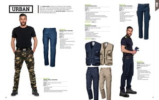 MC2211P0
URBAN CARGO TROUSERS
EN ISO 13688
MATERIAL: Canvas 100% cotton with soft
finish, 260 g/m²
COLOUR: blue
SIZES: XS-3XL
∙
∙ Fly with button and zipper
∙
∙ Side welt pockets
∙
∙ Back pockets and side utility pockets with flap
and snap buttons
∙
∙ Piped coin pocket
∙
∙ Wallet pocket with flap and snap buttons on
the right calf
∙
∙ Italian flag on the left pocket flap
∙
∙ Double seams in contrasting colour
MC2211X5
URBAN JUNGLA TROUSERS
EN ISO 13688
MATERIAL: 100% cotton Twill with soft finish, 260 g/m²
COLOUR: camouflage
SIZES: S-2XL
∙
∙ Fly with button and zipper
∙
∙ Side welt pockets
∙
∙ Piped coin pocket
∙
∙ Back pockets and side utility pockets fastened with flap and snap buttons
∙
∙ Wallet pocket with flap and snap buttons on the right calf
URBAN
THE URBAN RANGE CONSISTS OF A SERIES OF VERY DYNAMIC,
PRACTICAL, LIGHT AND COMFORTABLE TROUSERS, FEATURING
MANY MULTI-FUNCTIONAL UTILITY POCKETS AND DOUBLE
CONTRASTING STITCHING. THE REPORTER RANGE IS COMPLETED
BY THE MATCHING WAISTCOATS.
MC2219X4
URBAN JEANS
MATERIAL: Denim 350 g/m², 98% cotton
and 2% spandex with stretch effect
COLOUR: blue
SIZES: 44-62
∙
∙ Fly with zipper and tack button
∙
∙ Two front pockets with intregrated coin
pockets, one of which is featuring a zipper
closure
∙
∙ Two back pockets with reinforcements
rivets on the bar tacks
∙
∙ Right front and back pocket with eco-
leather profile
∙
∙ Triple seams in contrasting colour
MC2212Q5
REPORTER WAISTCOAT
MATERIAL: 65% polyester, 35% cotton, 230 g/m²
COLOUR: blue
SIZES: S-3XL
∙
∙ Zipper closure and button reinforcement
∙
∙ Adjustable waist with Velcro
∙
∙ Two zippered vertical pockets
∙
∙ Lower pockets and chest pocket with flap and Velcro fastening
∙
∙ Zippered three-dimensional chest pocket and second pocket with flap
∙
∙ Mesh pockets
∙
∙ Wide three-dimensional back pocket with zipper
∙
∙ Strap with D-ring on the shoulders
MC2213Q5
REPORTER TROUSERS
MATERIAL: 65% polyester, 35% cotton, 230 g/m²
COLOUR: blue
SIZES: S-3XL
∙
∙ Fly with zipper and button
∙
∙ Two front pockets with flap and buttons
∙
∙ Two utility pockets on the sides
∙
∙ Two back pockets with flap and button
∙
∙ Zipper below knees to turn them into bermudas
MC2211X4
CARGO JEANS TROUSERS
MATERIAL: Denim 100% cotton, 400 g/m²
COLOUR: denim
SIZES: 40-62
∙
∙ Fly with zipper and tack button
∙
∙ Front welt pockets
∙
∙ Back pockets
∙
∙ Left utility pocket with flap and snap buttons
∙
∙ Phone pocket with flap and snap button
∙
∙ Right ruler pocket
∙
∙ Tool holder loop
∙
∙ Zippered phone pocket on right side
∙
∙ Oversized loops
MC2212U7
MC2213U7
COLOUR: sand
COLOUR: sand
68 69
 