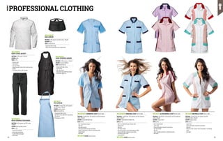 MC2644Y1
RICH STRIPED TROUSERS
MATERIAL: 65% polyester and 35% cotton, 	
190 g/m²
COLOUR: black and white stripes
SIZES: S-3XL
∙
∙ Elasticated waistband
∙
∙ Drawstring around waist
∙
∙ Fly with button and zipper
∙
∙ Back pocket MC2634 COLOUR: various colours
MC2645Z9
BAR APRON
MATERIAL: 65% polyester and 35% cotton, 190 g/m²
COLOUR: black
SIZES: one size fits all
∙
∙ Closure by fabric string
∙
∙ Wide central pocket with three compartments
MC2637 ALESSANDRA COAT EN ISO 13688
MATERIAL: Terital/Cotton, 65% polyester and 35% Sanforized
cotton, 150 g/m²
COLOUR: various colours
SIZES: 38-56
∙
∙ Short sleeved model
∙
∙ Lapel collar
∙
∙ Closure with white lacquered snap buttons
∙
∙ Two side pockets
∙
∙ Rear slit
∙
∙ Collar, shoulder and sides in contrasting colour
∙
∙ Hip length
MC2638 MICHELA COAT EN ISO 13688
MATERIAL: Terital/Cotton, 65% polyester and 35%
Sanforized cotton, 150 g/m²
COLOUR: various colours
SIZES: 38-56
∙
∙ Lapel collar
∙
∙ Closure with white lacquered snap buttons
∙
∙ Side slits
∙
∙ Details on collar, sleeve's hem and pockets in contrasting
colour
∙
∙ Hip length
MC2650K1
EXPO COOK JACKET
MATERIAL: 100% cotton, 185 g/m²
COLOUR: white
SIZES: S-3XL
∙
∙ Chinese collar
∙
∙ Chest pocket
∙
∙ Turn-up sleeves
∙
∙ Double breasted closure with matching colour
buttons
∙
∙ Pen holder pocket on left shoulder
MC2643Y1
ALEX STRIPED APRON
MATERIAL: 100% polyester, 150 g/m²
COLOUR: striped white/black
SIZES: one size fits all
∙
∙ Closure with fabric string
∙
∙ Chest pocket
∙
∙ Two side pockets
∙
∙ Adjustable collar width with button
∙
∙ Dimensions 85x90 cm
PROFESSIONAL CLOTHING
MC2636 COLOUR: various colours
MC2634Y4 ROBERTA COAT EN ISO 13688
MATERIAL: Terital/Cotton, 65% polyester and 35% Sanforized
cotton, 150 g/m²
COLOUR: striped white/light blue
SIZES: 38-56
∙
∙ Four-snap buttons closure
∙
∙ Side slits
∙
∙ Two lower pockets
∙
∙ Chest pocket with flap and snap button
∙
∙ Sleeves' and pockets' profile in contrasting colour
∙
∙ Shaped model
∙
∙ Hip length
MC2636Y6 FABIANA COAT EN ISO 13688
MATERIAL: Terital/Cotton, 65% polyester and 35% Sanforized
cotton, 150 g/m²
COLOUR: striped white/cornflower blue
SIZES: 38-56
∙
∙ Short-cut model with open chinese collar
∙
∙ Shaped sides
∙
∙ Side slits
∙
∙ Two lower pockets
∙
∙ Two chest pockets, one of which with pen holder
∙
∙ Closure with white lacquered snap buttons
∙
∙ Contrasting colour trims
∙
∙ Comfortable fit
MC2633
FOX APRON
MATERIAL: Terital/cotton, 65% polyester 	
and 35% cotton, 150 g/m²
COLOUR: various colours
SIZES: one size fits all
∙
∙ Closure with fabric string
∙
∙ Adjustable collar width with snap buttons
∙
∙ Side pocket
∙
∙ Dimensions cm 69x92
72 73
 