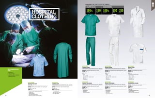 HOSPITAL
CLOTHING
MC2760N8
NICOLETTA COAT
EN ISO 13688
MATERIAL: 100% Sanforized Gabardine cotton 3/1, 190 g/m²
COLOUR: cornflower blue
SIZES: 42-62
∙
∙ Closure with white lacquered snap buttons
∙
∙ Rounded collar
∙
∙ Two lower pockets
∙
∙ Chest pocket with pen holder
∙
∙ White trim on sleeves, pockets and collar
AVAILABLE IN TWO TYPES OF FABRIC:
100% 100%
190 190 210
COTTON COTTON
G/M2 G/M2 G/M2
GABARDINE
CLOTH 16/24
MC2710R7
CARDIO GOWN
EUROPEAN MEDICAL DEVICES DIRECTIVES 93/42 EEC, 2007/47/EEC
MATERIAL: 100% Sanfor cotton cloth 16/24, 190 g/m²
COLOUR: green
SIZES: S-3XL
∙
∙ V-neck
∙
∙ Two side pockets
∙
∙ Chest pocket with rounded corners
∙
∙ Side slits
∙
∙ Comfortable fit
MC2711R7
CARDIO TROUSERS
EUROPEAN MEDICAL DEVICES DIRECTIVES 93/42 EEC, 2007/47/EEC
MATERIAL: 100% Sanfor cotton cloth 16/24, 190 g/m²
COLOUR: green
SIZES: S-3XL
∙
∙ Unisex trousers
∙
∙ Back pocket
∙
∙ Elasticated waistband
MC2720K1
NURSE GOWN
EUROPEAN MEDICAL DEVICES DIRECTIVES 93/42 EEC, 2007/47/EEC
MATERIAL: 100% Gabardine cotton, double twisted Sanfor, 210 g/m²
COLOUR: white
SIZES: 38-62
∙
∙ V-neck
∙
∙ Two side pockets
∙
∙ Chest pocket with rounded corners
∙
∙ Side slits
∙
∙ Comfortable fit
MC2740K1
NURSE COAT
EN ISO 13688
MATERIAL: 100% Gabardine cotton, 200 g/m²
COLOUR: white
SIZES: 38-62
∙
∙ Concealed snap buttons closure
∙
∙ Rear martingale
∙
∙ Two lower pockets
∙
∙ Chest pocket
∙
∙ Elasticated cuffs
MC2731K1
NURSE TROUSERS
EUROPEAN MEDICAL DEVICES DIRECTIVES 93/42 EEC, 2007/47/EEC
MATERIAL: 100% Gabardine cotton, double twisted Sanfor, 210 g/m²
COLOUR: white
SIZES: XS-3XL
∙
∙ Unisex trousers
∙
∙ Front pockets
∙
∙ Back pocket
∙
∙ Elasticated waistband
MC2730K1
OPEN NURSE GOWN
MATERIAL: 100% Gabardine cotton, 200 g/m²
COLOUR: white
SIZES: 40-62
∙
∙ Open model
∙
∙ Concealed snap buttons closure
∙
∙ Two front pockets
∙
∙ Chest pocket with coloured insert
MC2761R7
CARDIO COAT
EUROPEAN MEDICAL DEVICES DIRECTIVES 93/42 EEC, 2007/47/EEC
MATERIAL: 100% Sanfor cotton cloth 16/24, 190 g/m²
COLOUR: green
SIZES: one size fits all
∙
∙ 12 cm knitted cuffs
∙
∙ Rear closure with strings
∙
∙ Long raglan sleeves
RECOMMENDED
FOR
•	HOSPITALS
•	HEALTHCARE
•	MEDICAL AND CHEMICAL
LABORATORIES
74 75
 