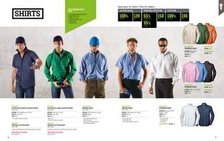 SHIRTS
RECOMMENDED
FOR
•	METALWORKING INDUSTRY
•	CONSTRUCTION
•	AGRICULTURE
•	WOOD PROCESSING
•	FORESTRY
•	TRANSPORT
MC2814L3
BUSINESS SHIRT
MATERIAL: 100% cotton, 130 g/m²
COLOUR: pink
SIZES: S-2XL
AVAILABLE IN THREE TYPES OF FABRIC:
65%
100% 100%
35%
150
120 130
POLYESTER
COTTON
COTTON
COTTON
G/M2
G/M2 G/M2
TERITAL/COTTON
CLOTH 20/24 COTTON
MC2811N7
OXFORD SHIRT
EN ISO 13688
MATERIAL: 100% Oxford cotton, 130 g/m²
COLOUR: light blue
SIZES: 38-46
∙
∙ Long sleeved shirt with buttons
∙
∙ Button-down collar
∙
∙ Chest pockets with flap and button
∙
∙ Cuffs fastened with button
MC2812N7
OXFORD SHIRT
EN ISO 13688
MATERIAL: 100% Oxford cotton, 130 g/m²
COLOUR: light blue
SIZES: 38-46
∙
∙ Short sleeved shirt
∙
∙ Button-down collar
∙
∙ Chest pockets with flap and button
MC2815K1
BUSINESS SHIRT
MATERIAL: 80% cotton and 20%
polyester, 120 g/m²
COLOUR: white
SIZES: 38-46
∙
∙ Button-down collar
∙
∙ Two-button cuffs
∙
∙ Chest pocket
MC2815Q4 COLOUR: blue
COLOUR: light blue
COLOUR: black
MC2821
CLOTH 20/24 LONG-SLEEVED SHIRT
EN ISO 13688
MATERIAL: 100% cotton, 120 g/m²
COLOUR: various colours
SIZES: 38-46
∙
∙ With cuffs
∙
∙ Chest pocket with flap and button
MC2819
TERITAL/COTTON SHIRT
EN ISO 13688
Terital/Cotton 65% polyester and 35% Sanforized cotton, 150 g/m²
MC2820
CLOTH 20/24 SHORT-SLEEVED SHIRT
EN ISO 13688
MATERIAL: 100% Gabardine cotton, 120 g/m²
COLOUR: various colours
SIZES: 38-46
∙
∙ Chest pocket with flap and button
MC2818
TERITAL/COTTON SHIRT
EN ISO 13688
Terital/Cotton 65% polyester and 35% Sanforized cotton, 150 g/m²
COLOUR: orange
COLOUR: green
MC2814U5
BUSINESS SHIRT
MATERIAL: 65% polyester, 	
35% cotton, 110 g/m²
COLOUR: sand
SIZES: S-2XL
MC2814H0
MC2814S0
MC2814N0
MC2814Z9
AVAILABLE COLOURS
see page 70
AVAILABLE COLOURS
see page 70
76 77
 