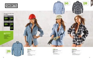 AVAILABLE IN TWO TYPES 	
OF FABRIC:
100%
100% 130
145
195
COTTON
COTTON G/M2
G/M2
G/M2
FLANNEL COTTON
DENIM
MC2813X4
JEANS SHIRT
MATERIAL: Denim 100% cotton, 195 g/m²
COLOUR: denim
SIZES: S-3XL
∙
∙ Long sleeves
∙
∙ Cuffs with button
∙
∙ Two chest pockets with flap and buttons
∙
∙ Stone-washed treatment
MC2816
FLANNEL SHIRT
MATERIAL: 100% flannel cotton, 145 g/m²
COLOUR: various colours
SIZES: 38-46
∙
∙ Long sleeves with cuffs
∙
∙ Chest pocket with flap and button
MC2817X0
COUNTRY SHIRT
MATERIAL: 100% flannel cotton, 130 g/m²
COLOUR: checkered
SIZES: S-3XL
∙
∙ Checkered pattern
∙
∙ Long sleeves with double button at the cuffs
∙
∙ Two chest pockets with flap and button
RECOMMENDED
FOR
•	CONSTRUCTION
•	INSTALLATIONS
•	ASSEMBLY PROCESSES
•	TRANSPORT
•	LOGISTICS
•	MAINTENANCE
195
G/M2
145
G/M2
130
G/M2
SHIRTS
78 79
 