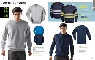 MC3122AM
SIRFLEX ROUND NECK SWEATSHIRT
MATERIAL: 50% cotton, 50% polyester, weight 280 g/m²
COLOUR: grey
SIZES: S-3XL
∙
∙ Round neck collar with internal seam-covering fabric tape
∙
∙ Elastic knitted cuffs and waistband
∙
∙ Chain stitched seams in contrasting colour
COLOUR: blue SIZES: S-4XL
COLOUR: light blue
MC3122P2
MC3122Q5
MC3125Q5
SIRFLEX POLO SWEATSHIRT
MATERIAL: 50% cotton, 50% polyester, 280 g/m²
COLOUR: blue
SIZES: S-3XL
∙
∙ Collar with two matching colour buttons
∙
∙ Internal seam-covering fabric tape
∙
∙ Elastic knitted cuffs and waistband
∙
∙ Chain stitched seams in contrasting colour
50%
50%
280
COTTON
POLYESTER
G/M2
REFLECTIVE BANDS
CAN BE APPLIED
ON ALL GARMENTS
TWO-TONE REFLECTIVE BAND
HEIGHT 8.5 CM
01
01
02
02
WINTER KNITWEAR
GREY REFLECTIVE BAND
HEIGHT 5 CM
The set in the photo can be
certified EN ISO 20471 class 1
NEW
PA170023 AROUND SLEEVE
PA170031 AROUND CHEST
PA170035 AROUND CHEST
PA170034 AROUND SLEEVE
94 95
 