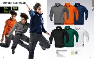 50%
50%
280
COTTON
POLYESTER
G/M2
COLOUR: orange SIZES: S-4XL
COLOUR: blue
COLOUR: green
COLOUR: black
COLOUR: white
MC3124Q5
MC3124Z9
MC3124S6
MC3124K1
WINTER KNITWEAR
MC3124BM
SIRFLEX ZIP COLLAR SWEATSHIRT
MATERIAL: 50% cotton, 50% polyester, 280 g/m²
COLOUR: grey
SIZES: S-3XL
∙
∙ Collar with zipper closure
∙
∙ Internal seam-covering fabric tape
∙
∙ Elastic knitted cuffs and waistband
∙
∙ Chain stitched seams in contrasting colour
MC3124H0
96 97
 
