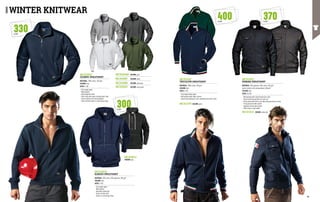 MC3120Q7
OLYMPIC SWEATSHIRT
MATERIAL: 100% cotton, 330 g/m²
COLOUR: blue
SIZES: S-3XL
∙
∙ Full-length zipper
∙
∙ Muff pockets
∙
∙ High windproof collar
∙
∙ Inner collar with seam-covering fabric tape
∙
∙ Elastic knitted cuffs and waistband
∙
∙ Chain stitched seams in contrasting colour
MC3126Q5
KANGOO SWEATSHIRT
MATERIAL: 50% cotton, 50% polyester, 300 g/m²
COLOUR: blue
SIZES: S-3XL
∙
∙ Full-length zipper
∙
∙ Muff pockets
∙
∙ Hood with drawstring
∙
∙ Elastic knitted cuffs
∙
∙ Seams in contrasting colour
MC3126C2
COLOUR: grey
COLOUR: grey
COLOUR: anthracite
COLOUR: green
COLOUR: white
COLOUR: army green
COLOUR: anthracite
MC3120AM
MC3120K1
MC3120B0
MC3120S2
MC3113Q7
TRICOLOUR SWEATSHIRT
MATERIAL: 100% cotton, 400 g/m²
COLOUR: blue
SIZES: S-3XL
∙
∙ Full-length metal zipper
∙
∙ Muff pockets with zipper closure
∙
∙ Italian flag finishing on cuffs, waistband and inner collar
MC3113T0
MC3112Q7
PANAMA SWEATSHIRT
MATERIAL: 50% polyester, 50% cotton, 370 g/m²
elastic knitted cuffs and waistband, 400 g/m²
COLOUR: blue
SIZES: XS-3XL
∙
∙ Muff pockets with reinforcement bar tacks
∙
∙ Pocket with flap and Velcro on left arm
∙
∙ Chest pocket with Velcro and Italian flag decoration on flap
∙
∙ D-ring and pen holder pocket
∙
∙ Zippered second chest pocket
∙
∙ Italian flag on right sleeve
MC3112C2
WINTER KNITWEAR
330
G/M2
300
G/M2
400
G/M2
370
G/M2
98 99
 