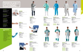 MC5138K1
CHEMFOR SLEEVES
MATERIAL: Chemfor, microporous coated fabric,
Polypropylene and microfibre, 55 g/m²
COLOUR: white
SIZES: one size fits all
∙
∙ Waterproof and breathable
∙
∙ Length 40 cm
∙
∙ Pack of 100 pieces
MC3431K1
CHEMFOR COAT
MATERIAL: Chemfor with antistatic
treatment
COLOUR: white
SIZES: M-2XL
∙
∙ Unisex model
∙
∙ Closure with 4 snap buttons
∙
∙ Shirt collar
∙
∙ Elasticated cuffs
MC5112S0
POLIFILM COAT
MATERIAL: Polifilm 100% polypropylene, 30 g/m²
COLOUR: green
SIZES: M-2XL
∙
∙ Non waterproof
∙
∙ Breathable
∙
∙ Velcro fastening
∙
∙ Pack of 50 pieces in packs of 10 pcs
MC5111P0
POLIFILM COVERALL
MATERIAL: 100% polypropylene, 40 g/m²
COLOUR: blue
SIZES: M-2XL
∙
∙ Central zipper closure
∙
∙ Hood
∙
∙ Elastic around wrists and ankles
∙
∙ Pack of 50 pieces
COLOUR: white
COLOUR: white
COLOUR: blue
COLOUR: green
COLOUR: blue
COLOUR: yellow
COLOUR: yellow
COLOUR: red
COLOUR: green
MC5111K1
MC5111S0
MC5112K1
MC5112P0
MC5112E0
MC5113K1
POLIETIL OVERCOAT
MATERIAL: 100% polyethylene, thickness 0.2 mm
COLOUR: white
SIZES: S-2XL
∙
∙ Waterproof, non breathable
∙
∙ Hood and snap button closure
∙
∙ Pack of 500 pieces
∙
∙ Can also be used as a raincoat for limited use
MC5114N0
POLIETIL TUNIC
MATERIAL: 100% polyethylene, thickness 0.15 mm
COLOUR: light blue
SIZES: L-XL
∙
∙ For medical use
∙
∙ Long sleeves, thumbhole cuffs
∙
∙ Rear closure with laces
∙
∙ Pack of 50 pieces
MC5117K1
DENSITY APRON
MATERIAL: High density polyethylene
COLOUR: white
SIZES: one size fits all
∙
∙ Dimensions 110x86 cm
∙
∙ Pack of 50 pieces
MC5217K1
LIMA COSTA APRON
MATERIAL: Chemfor, 55 g/m²
COLOUR: white
SIZES: one size fits all
∙
∙ Waterproof and breathable
∙
∙ Dimensions 85x100 cm
MC5114K1
POLIETIL APRON
MATERIAL: Polyethylene, thickness 0.025 mm
COLOUR: white
SIZES: one size fits all
∙
∙ Dimensions 81x135 cm
∙
∙ Pack of 50 pieces
MC5114P0
MC5114E0
MC5114L0
MC5114S0
MC5115K1
CHEMTEX APRON
MATERIAL: Trilaminate polypropylene, 50 g/m²
COLOUR: white
SIZES: one size fits all
∙
∙ Dimensions 75x80 cm
∙
∙ Pack of 100 pieces
MC5118K1
POLIETIL CM 40 SLEEVES
MATERIAL: 100% polyethylene, thickness 0.2 mm;
Length 40 cm
COLOUR: white
SIZES: one size fits all
∙
∙ Elastic on both sides
∙
∙ Pack of 100 pieces
MA2518
KRABY GLOVE
MATERIAL: Polyethylene, 0.05 mm increased
thickness
COLOUR: clear
SIZES: one size fits all
∙
∙ Length 50 cm
∙
∙ Dexterity 5
∙
∙ Pack of 1,000 pieces
MA2519
DAY FLEX GLOVE
MATERIAL: Polyethylene
COLOUR: light blue
SIZES: one size fits all
∙
∙ Length 70 cm
∙
∙ Thickness 0.02 mm
∙
∙ Pack of 1000 pieces
POLIETIL
POLIFILM
CHEMFOR
CHEMTEX
100% POLYETHYLENE,
WATERPROOF,
NON BREATHABLE
100% POLYPROPYLENE,
NON WATERPROOF,
BREATHABLE
POLYPROPYLENE
AND MICROFIBRE
WATERPROOF
AND BREATHABLE
TRILAMINATE
POLYPROPYLENE
50-55 G/M2
RECOMMENDED
FOR
•	FOOD PROCESSING INDUSTRY
•	PROCESSING AND
DISTRIBUTION OF FRUITS
AND VEGETABLES
•	PROCESSING AND
DISTRIBUTION OF MEAT
•	PHARMACEUTICAL INDUSTRY
•	CHEMICAL AND TESTING
LABORATORIES
•	MEDICAL/HOSPITALS
•	VETERINARY
•	PETROCHEMICAL INDUSTRY
•	FUEL STATIONS
•	CLEANING
MC5142K0
SAMI GLOVE
MATERIAL: 100% polyethylene
COLOUR: clear
SIZES: one size fits all
∙
∙ Not waterproof
∙
∙ Breathable
∙
∙ Pack of 10,000 pieces
MC5118P0 COLOUR: blue
MC5118E0 COLOUR: yellow
MC5118L0 COLOUR: red
MC5118S0 COLOUR: green
DISPOSABLE
CLOTHING
108 109
 