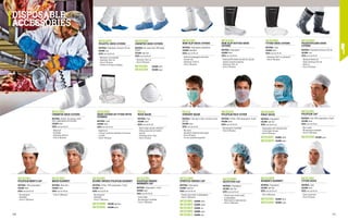 MC5120P0
POLIETIL SHOE COVERS
MATERIAL: Polyethylene, thickness 0.02 mm
COLOUR: blue
SIZES: one size fits all
∙
∙ Waterproof, non breathable
∙
∙ Dimensions 15x41 cm
∙
∙ Pack of 100 pieces
∙
∙ Suitable for all types of footwear
MC5122N0
CHEMTEX SHOE COVERS
MATERIAL: Non-woven fabric SMS weight 	
60 g/m²
COLOUR: light blue
SIZES: one size fits all
∙
∙ Dimensions 18x41 cm
∙
∙ Pack of 100 pieces
COLOUR: white
COLOUR: white
COLOUR: white
COLOUR: white
COLOUR: red
COLOUR: green
COLOUR: green
COLOUR: yellow
COLOUR: green
COLOUR: green
COLOUR: pink
COLOUR: green
MC5122K1
MC5122S0
MC5123K1
NON-SLIP SHOE COVERS
MATERIAL: Polypropylene, polyethylene
COLOUR: white/blue
SIZES: one size fits all
∙
∙ Reinforced polypropylene with water
resistant sole
∙
∙ Dimensions 17x40 cm
∙
∙ Pack of 100 pieces
MC5121K1
NON-SLIP DOTTED SHOE
COVERS
MATERIAL: Polypropylene
COLOUR: white
SIZES: one size fits all
∙
∙ Reinforced PVC dotted sole with non-slip and
abrasion resistance properties
∙
∙ Dimensions 18x41 cm
∙
∙ Pack of 100 pieces
MC5136K1
TYVEK SHOE COVERS
MATERIAL: Tyvek
COLOUR: white
SIZES: one size fits all
∙
∙ Dimensions 18x41 cm, waterproof
∙
∙ Pack of 100 pieces
MC5137K1
CHEMFOR SHOE COVERS
MATERIAL: Chemfor, microporous coated
fabric, polypropylene and microfibre
COLOUR: white
SIZES: one size fits all
∙
∙ Waterproof
∙
∙ Breathable
∙
∙ Dimensions 48x40 cm
∙
∙ Pack of 100 pieces
MC5135K1
SHOE COVERS IN TYVEK WITH
STRINGS
MATERIAL: Tyvek
COLOUR: white
SIZES: one size fits all
∙
∙ Height 48 cm
∙
∙ 2 strings to allow the fastening to the trousers
or ankles
∙
∙ Pack of 100 pieces
MC5139K0
POLYETHYLENE SHOE
COVERS
MATERIAL: Polyethylene,thickness 0.06 mm
COLOUR: clear
SIZES: one size fits all
∙
∙ Reinforced dotted sole
∙
∙ Elastic fastening at the calf
∙
∙ 48x40 cm
∙
∙ Pack of 100 pieces
MC5131K1
POLIFILM FACE COVER
MATERIAL: Polifilm, 100% polypropylene, 40 g/m²
COLOUR: white
SIZES: one size fits all
∙
∙ Non waterproof, breathable
∙
∙ Pack of 250 pieces
MC5126N0
PIRAT HOOD
MATERIAL: Polypropylene
COLOUR: light blue
SIZES: one size fits all
∙
∙ Polypropylene with integrated mask
∙
∙ It only reveals the eyes
∙
∙ Pack of 100 pieces
MC5126K1
MC5126S0
MC5133K1
POLIFILM CAP
MATERIAL: Peak 100% polypropylene, 40 g/m²
COLOUR: white
SIZES: one size fits all
∙
∙ Men’s model
∙
∙ Not waterproof, breathable
∙
∙ Pack of 1,000 pieces
MC5133S0
MC5132K1
POLIFILM MEN'S CAP
MATERIAL: 100% polypropylene
COLOUR: white
SIZES: one size fits all
∙
∙ Non waterproof
∙
∙ Breathable
∙
∙ Pack of 1,000 pieces
MC5130K1
MESH HAIRNET
MATERIAL: Mesh fabric
COLOUR: white
SIZES: one size fits all
∙
∙ Pack of 1,000 pieces
MC5125K1
ROUND UNISEX POLIFILM HAIRNET
MATERIAL: Polifilm, 100% polypropylene, 10 g/m²
COLOUR: white
SIZES: one size fits all
∙
∙ Non waterproof
∙
∙ Breathable
∙
∙ Pack of 1,000 pieces
COLOUR: light blue
COLOUR: green
MC5125N0
MC5125S0
MC5127K1
POLIFILM UNISEX 	
BRIMMED CAP
MATERIAL: Polypropylene, 15 g/m²
COLOUR: white
SIZES: one size fits all
∙
∙ Unisex model
∙
∙ Non waterproof, breathable
∙
∙ Pack of 1,000 pieces
MC5128N0
STRETCH UNISEX CAP
MATERIAL: Polypropylene
COLOUR: light blue
SIZES: one size fits all
∙
∙ Pleated unisex model, in polypropylene
∙
∙ Pack of 1,000 pieces
MC5128K1
MC5128E5
MC5128L0
MC5128S0
MC5128L3
MC5124N0
WOMEN’S HAIRNET
MATERIAL: Polypropylene
COLOUR: light blue
SIZES: one size fits all
∙
∙ Pack of 500 pieces
MC5124K1
MC5124S0
MC5134K1
TYVEK HOOD
MATERIAL: Tyvek
COLOUR: white
SIZES: one size fits all
∙
∙ Elastic around face
∙
∙ Pack of 20 pieces
MC5129N0
DETECTOR CAP
MATERIAL: Polypropylene
COLOUR: light blue
SIZES: one size fits all
∙
∙ Pleated unisex stretch model, 		
in polypropylene
∙
∙ Metal insert for metal detection
∙
∙ Pack of 1,000 pieces
DISPOSABLE
ACCESSORIES
FA1111
RIGID MASK
MATERIAL: Paper
COLOUR: white
SIZES: one size fits all
∙
∙ Made of paper and only suitable for
filtering coarse and non-harmful
particles
∙
∙ Positioning elastic straps
∙
∙ Pack of 50 pieces
FA1112
SURGERY MASK
MATERIAL: Triple layer of fabric resistant to aerial
particles
COLOUR: green
SIZES: one size fits all
∙
∙ Non sterile
∙
∙ Indicated for blood and saliva sprays
∙
∙ Pack of 50 pieces
∙
∙ It is not a protective equipment
110 111
 