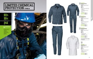 MC3318K1
TEFLON LAB COAT
EN 13034 TYPE 6 PB
MATERIAL: 65% polyester, 35% cotton,
245 g/m²
COLOUR: white
SIZES: 42-64
∙
∙ Concealed central zipper closure with
buttons
∙
∙ Pockets with flap and Velcro
∙
∙ Elasticated cuffs
MC3314C0
TEFLON JACKET
EN 13034 TYPE 6
MATERIAL: 65% polyester, 35% cotton,
245 g/m²
COLOUR: grey
SIZES: 42-64
∙
∙ Concealed central zipper closure with
Velcro
∙
∙ Pockets with flap and Velcro
∙
∙ Elasticated cuffs
MC3311C0
TEFLON TROUSERS
EN 13034 TYPE 6
MATERIAL: 65% polyester, 35% cotton, 	
245 g/m²
COLOUR: grey
SIZES: 42-64
∙
∙ Fly with zipper and button
∙
∙ Front welt pockets
∙
∙ Back pocket with flap and Velcro
MC3317C0
TEFLON COVERALL
EN 13034 TYPE 6
MATERIAL: 65% polyester, 35% cotton,
245 g/m²
COLOUR: grey
SIZES: 42-64
∙
∙ Two-way concealed central zipper closure
with Velcro
∙
∙ Elastic waistband
∙
∙ Front and chest pocket with flap and
Velcro
∙
∙ Elasticated cuffs
65%
35%
245
POLYESTER
COTTON
G/M2
•	CHEMICAL INDUSTRY
•	PHARMACEUTICAL
INDUSTRY
•	CHEMICAL
LABORATORIES
•	PRECIOUS METALS
INDUSTRY
•	PAINTING
RECOMMENDED
FOR
LIMITED CHEMICAL
PROTECTION TYPE 6
JACKET AND TROUSERS MUST BE WORN 	
IN COMBINATION
EN13034
EN13034
EN13034
EN13034
MC3318Q5 COLOUR: blue
MC3318C0 COLOUR: grey
MC3314K1COLOUR: white
MC3314Q5 COLOUR: blue
MC3317K1 COLOUR: white
MC3317Q5 COLOUR: blue
MC3311K1 COLOUR: white
MC3311Q5 COLOUR: blue
121
120
 