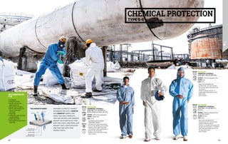 ENISO13982
EN1073
EN13034
ENISO14116
MC3423N0
CHEMFIRE COVERALL
EN ISO 13982-1 TYPE 5 EN 13034 TYPE 6 	
EN 1073-2 EN ISO 14116 INDEX 1 EN 1149-5
MATERIAL: 100% antistatic polypropylene
COLOUR: cornflower blue
SIZES: M-2XL
∙
∙ TO BE WORN AS PROTECTION OVER
CONVENTIONAL GARMENTS
∙
∙ Concealed central zipper closure with flap
∙
∙ Elastic on hood, waistband, cuffs and ankles
∙
∙ Designed to protect against contact with
small splashes of liquid chemical agents, in
presence of dust and particles
∙
∙ Suitable for short contacts with the flame
∙
∙ Pack of 25 pieces
•	CLEANING
•	CONSTRUCTION
•	INSTALLATION AND
MAINTENANCE
•	INDUSTRIAL PLANTS
•	WASTE AND ASBESTOS
COLLECTION AND
DISPOSAL
•	PAINTING
•	CHEMICAL AND TESTING
LABORATORIES
•	FOOD INDUSTRY
•	RECLAMATION AND PEST
CONTROL
RECOMMENDED
FOR
DESIGNED TO PROTECT AGAINST
HAZARDOUS DRY DUST, CHEMTEX
AND CHEMSTAT FABRICS ARE
HIGHLY VALUABLE PRODUCTS.
THEY ARE AN EXCELLENT BARRIER
AGAINST SOLID PARTICLES, EVEN
VERY FINE DUSTS, AND REPELLENT
AGAINST LIGHT LIQUID SPLASHES
AND TOXIC AND NON-TOXIC
PRODUCT MISTS.
HIGH DENSITY
POLYPROPYLENE
MICROFIBRE
HIGH DENSITY
POLYPROPYLENE
AIR
DUST
LIQUIDS
TRILAMINATE FABRIC
CHEMICAL PROTECTION
TYPE 5-6
MC3411K1
CHEMTEX COVERALL
EN ISO 13982-1 TYPE 5 EN 13034 TYPE 6
MATERIAL: Trilaminate polypropylene fabric
COLOUR: white
SIZES: M-2XL
∙
∙ Zipper closure with adhesive flap
∙
∙ Elasticated hood, cuffs, waist and ankles
∙
∙ Acts as barrier against solid particles, even
very fine dusts
∙
∙ Suitable for asbestos protection, it is
repellent against light splashes and toxic
product sprays
∙
∙ Pack of 25 pieces
ENISO13982
EN13034
MC3412N0
CHEMSTAT COVERALL
EN ISO 13982-1 TYPE 5 EN 13034 TYPE 6 	
EN 1149-5
MATERIAL: Trilaminate polypropylene fabric
with antistatic properties
COLOUR: light blue
SIZES: M-2XL
∙
∙ Zipper closure with adhesive flap
∙
∙ Elasticated hood, cuffs, waist and ankles
∙
∙ Suitable for asbestos protection
∙
∙ The fabric is an excellent barrier against solid
particles, even very fine dusts, it is repellent
against light liquid splashes and toxic and
non-toxic product sprays
∙
∙ Pack of 25 pieces
EN1149
ENISO13982
EN13034
EN1149
122 123
 