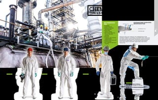 PRODUCTS REALIZED THROUGH THE COMBINATION OF TWO
DIFFERENT FABRICS: AN INTERNAL POLYPROPYLENE STRUCTURE
WITH MECHANICAL RESISTANCE PROPERTIES, AND AN EXTERNAL
MICROPOROUS BREATHABLE FILM FOR PROTECTION AGAINST
DUSTS AND LIQUIDS. RESISTANT, BREATHABLE AND HIGHLY
PROTECTIVE.
POLYPROPYLENE COATED WITH
MICROPOROUS FILM
•	CLEANING
•	CONSTRUCTION
•	INSTALLATION AND
MAINTENANCE
•	INDUSTRIAL
INSTALLATIONS
•	WASTE AND ASBESTOS
COLLECTION AND
DISPOSAL
•	PAINTING
•	CHEMICAL AND TESTING
LABORATORIES
•	AGRIBUSINESS INDUSTRY
•	SHIPBUILDING
•	RECLAMATION AND PEST
CONTROL
RECOMMENDED
FOR
MICROPOROUS FILM
POLYPROPYLENE
VAPOUR DUST
LIQUIDS
MC3418K1
CHEMFOR PLUS COVERALL
EN 14605 TYPE 4 EN ISO 13982-1 TYPE 5 	
EN 13034 TYPE 6 EN 1149-5
MATERIAL: Double layer of high density
polypropylene with mechanical protection
properties and tear resistance, coupled with
microporous film
COLOUR: white
SIZES: M-2XL
∙
∙ Two-way concealed central zipper closure with
adhesive flap
∙
∙ Self-adhesive band on the neck area
∙
∙ Elasticated hood, cuffs, waist and ankles
∙
∙ Thumbhole elastic
∙
∙ Double taped seams
∙
∙ Antistatic properties
∙
∙ Pack of 25 pieces
MC3415K1
CHEMFOR COVERALL
EN ISO 13982-1 TYPE 5 		
EN 13034 TYPE 6 EN 1149-5
MATERIAL: Polypropylene coated
with breathable microporous film
COLOUR: white
SIZES: M-3XL
∙
∙ Concealed central zipper closure
∙
∙ Elasticated hood, cuffs, waist and
ankles
∙
∙ Antistatic properties
∙
∙ Pack of 25 pieces
CHEMICAL PROTECTION
TYPE 4-5-6
MC3414K1
CHEMFOR FRESH COVERALL
EN ISO 13982-1 TYPE 5 EN 13034 TYPE 6 EN 1149-5
MATERIAL: Front part: polypropylene coated with breathable
microporous film
Back and inner leg: trilaminate polypropylene, for increased
breathability
COLOUR: white and light blue
SIZES: M-3XL
∙
∙ Concealed central zipper closure
∙
∙ Elasticated hood, cuffs, waist and ankles
∙
∙ Pack of 25 pieces
ENISO13982 EN13034 EN1149
ENISO13982 EN13034 EN1149
EN14605
ENISO13982 EN13034 EN1149
MC3416K1
CHEMFOR-T COVERALL
EN ISO 13982-1 TYPE 5 EN 13034 TYPE 6 	
EN 1149-5
MATERIAL: Polypropylene coated with high
strength breathable microporous film
COLOUR: white
SIZES: M-2XL
∙
∙ Concealed central zipper closure
∙
∙ Elasticated hood, waist, cuffs and ankles
∙
∙ Antistatic properties
∙
∙ Pack of 25 pieces
ENISO13982 EN13034 EN1149
124 125
 