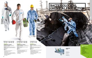BACTERIOLOGICAL
CHEMICAL PROTECTION
•	CLEANING
•	CONSTRUCTION
•	WASTE AND ASBESTOS
DISPOSAL
•	PAINTING
•	CHEMICAL
LABORATORIES
•	FOOD INDUSTRY
•	RECLAMATION AND PEST
CONTROL
RECOMMENDED
FOR
MICROFIBRE
FABRIC
HIGH DENSITY
POLYPROPYLENE
HIGH DENSITY
POLYPROPYLENE
MICROFIBRE
AIR
VIRUSES
DUST
LIQUIDS
MC3413K1
CHEMFOR MAX COVERALL
EN ISO 13982-1 TYPE 5B EN 13034 TYPE 6B EN 1149-5 	
EN 14126 EN 1073-2 DIN 32781
MATERIAL: Polypropylene fabric, coupled with breathable
microporous film, weight 63 g/m² with four-threads high density
reinforced stitching
COLOUR: white
SIZES: M-3XL
∙
∙ Concealed zipper closure with adhesive flap
∙
∙ Elasticated hood, cuffs and ankles
∙
∙ Antistatic properties
∙
∙ Designed for protection against radioactive contamination in
the form of particles, it also provides protection against dusts
and partial protection against liquids
∙
∙ Protection against pesticides
∙
∙ Pack of 25 pieces
MC3419N0
BIOTECH COVERALL
EN 14605 TYPE 3B 4B EN ISO 13982-1 TYPE 5B EN 1149-5 	
EN 14126
MATERIAL: Microfibre resistant to dust, liquids and viruses,
reinforced with a layer of high density polypropylene
COLOUR: light blue
SIZES: M-3XL
∙
∙ Ultrasound sealed seams in contrasting colour, resistant to
liquids, sprays and splashes
∙
∙ Concealed zipper closure with adhesive flap
∙
∙ Elasticated hood, waist, cuffs and ankles
∙
∙ Specific for protection against active viruses, transmitted
through blood or organic matter
∙
∙ Pack of 20 pieces
MC3434K1
CHEMFOR TOTAL COVERALL
EN 14605 TYPE 4B EN ISO 13982-1 TYPE 5B EN 13034 TYPE 6B
EN 1149-5 EN 14126 EN 1073-2
MATERIAL: High density polypropylene fabric coupled with
breathable microporous film
COLOUR: white
SIZES: M-2XL
∙
∙ It features mechanical protection and tear resistance
∙
∙ Heat-sealed seams in contrasting colour
∙
∙ Two-way concealed zipper closure with adhesive flap
∙
∙ Elasticated hood, cuffs and ankles
∙
∙ Thumbhole elastic
∙
∙ Pack of 20 pieces
EN14605 ENISO13982 EN1149 EN14126
EN13034 EN14605 ENISO13982 EN1149 EN14126
ENISO13982 EN1149 EN14126
EN13034 EN1073 EN1073
DIN32781
126 127
 