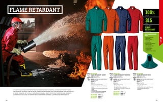 FLAME RETARDANT
THIS RANGE IS SUITABLE FOR PROTECTING THE OPERATOR FROM ACCIDENTAL CONTACT WITH MINOR FLAMES,
MOLTEN METAL SPLASHES, LOW VALUES OF CONVECTIVE AND RADIANT HEAT, AND ACCIDENTAL ELECTRIC CONTACT
OF SHORT DURATION UP TO 100 V. IT FEATURES REMARKABLE MULTI-PROTECTIVE PROPERTIES AND IS ABLE TO
GUARANTEE A HIGH LEVEL OF COMFORT WHILE MAINTAINING SOFTNESS, LIGHTNESS AND BREATHABILITY.
100%
315
COTTON
FABRIC WITH
FLAME
RETARDANT
TREATMENT
G/M2
RECOMMENDED
FOR
•	METALWORKING
INDUSTRY
•	METALLURGIC
INDUSTRY
•	FOUNDRIES
•	PLASTIC MATERIALS
PROCESSING
•	GAS, WATER AND
ELECTRICITY
MANAGEMENT
COMPANIES
•	FIREFIGHTING TEAMS
MC5414R8
FLAME RETARDANT JACKET
EN ISO 11611 A1 CLASS 1 		
EN ISO 11612 A1 B1 C1 E2 F1
MATERIAL: Fabric with flame retardant treatment,
100% cotton, 315 g/m²
COLOUR: green
SIZES: 44-62
∙
∙ Chinese collar fastened with Velcro
∙
∙ Concealed front zipper closure with metal snap
buttons
∙
∙ Side pockets and chest pocket with flap and snap
buttons
∙
∙ Elasticated cuffs
∙
∙ THE JACKET MUST BE WORN IN COMBINATION
WITH THE BIB-TROUSERS OR TROUSERS
MC5411R8
FLAME RETARDANT TROUSERS
EN ISO 11611 A1 CLASS 1 		
EN ISO 11612 A1 B1 C1 E2 F1
MATERIAL: Fabric with flame retardant treatment,
100% cotton, 315 g/m²
COLOUR: green
SIZES: 40-62
∙
∙ Metal zipper fly and button
∙
∙ Side welt pockets
∙
∙ Back pocket with flap and snap button
∙
∙ THE TROUSERS MUST BE WORN IN COMBINATION
WITH THE JACKET
MC5410R8
FLAME RETARDANT HOOD
EN ISO 11611 A1 CLASS 1 		
EN ISO 11612 A1 B1 C1 E2 F1
MATERIAL: Fabric with flame retardant treatment,
100% cotton, 315 g/m²
COLOUR: green
SIZES: one size fits all
∙
∙ Lining: flame retardant fabric
∙
∙ Shoulder-length
∙
∙ Aluminised kevlar inserts to protect the ear area
∙
∙ Front opening adjustable with Velcro
∙
∙ Rear elastic
COLOUR: orange
COLOUR: orange
COLOUR: blue
COLOUR: blue
COLOUR: red
COLOUR: red
MC5414H5
MC5414Q4
MC5414L7
MC5411H5
MC5411Q4
MC5411L7
ENISO11611 ENISO11611 ENISO11611
ENISO11612 ENISO11612 ENISO11612
132 133
 