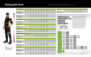 Sizing guide chart A PRODUCT IS COMFORTABLE AND SAFE WHEN CHOSEN IN THE RIGHT SIZE.
WE RECOMMEND YOU TO USE THE FOLLOWING SIZING CHART TO CHOOSE THE RIGHT GARMENT SIZE.
Protect those
who protect you:
care and
washing
instructions
THE HIGH QUALITY OF SIR SAFETY SYSTEM GARMENTS
AND THE PERFORMANCE OF THE FABRICS ARE
GUARANTEED BY SIR; BY FOLLOWING A FEW, SIMPLE
GUIDELINES WHEN WASHING AND DRYING, THEIR
CHARACTERISTICS WILL REMAIN UNCHANGED OVER
TIME. THE DATA SHEETS AND THE LABELS INSIDE THE
GARMENTS INDICATE, IN A CONCISE BUT DETAILED
MANNER, HOW TO TAKE CARE OF THE GARMENTS,
INDICATING THE MOST CORRECT WASHING METHOD
IN ORDER TO PRESERVE THE CLOTHING AS NEW AND
MAINTAIN THEIR PROTECTIVE CHARACTERISTICS.
THE FOLLOWING TABLE SHOWS THE SYMBOLS AND
THEIR MEANINGS FOR EASY READING AND QUICK
UNDERSTANDING OF GARMENT LABELLING.
WINTER KNITWEAR
XS S M L XL 2XL 3XL
A. HEIGHT 148-156 156-164 164-172 172-180 180-188 188-196 196-204
B. CHEST CIRCUMFERENCE 84-90 90-96 96-102 102-108 108-114 114-120 120-126
SUMMER KNITWEAR
XS S M L XL 2XL 3XL
A. HEIGHT 148-156 156-164 164-172 172-180 180-188 188-196 196-204
B. CHEST CIRCUMFERENCE 78-84 84-90 90-96 96-102 102-108 108-114 114-120
WEATHER RESISTANT CLOTHING
XS S M L XL 2XL 3XL
A. HEIGHT 148-156 156-164 164-172 172-180 180-188 188-196 196-204
B. CHEST CIRCUMFERENCE 84-90 90-96 96-102 102-108 108-114 114-120 120-126
WOMEN
XS S M L XL
A. HEIGHT 154/172 158/176 162/180 166/184 170/188
B. CHEST CIRCUMFERENCE 78-84 84-90 90-96 96-102 102-108
DISPOSABLE CHEMICAL PROTECTIVE CLOTHING
M L XL 2XL 3XL
A. HEIGHT 164-172 172-180 180-188 188-196 196-204
B. CHEST CIRCUMFERENCE 96-104 104-112 112-118 118-126 126-132
FUNCTIONAL CLOTHING
42 44 46 48 50 52 54 56 58 60 62 64
A. HEIGHT 154-158 158-162 162-166 166-170 170-174 174-178 178-182 182-186 186-190 190-194 194-198 198-204
B. CHEST CIRCUMFERENCE 86-90 90-94 94-98 98-102 102-106 106-110 110-114 114-118 118-122 122-126 126-130 130-134
C. WAIST CIRCUMFERENCE 74-78 78-82 82-86 86-90 90-94 94-98 98-102 102-106 106-110 110-114 114-118 118-122
XS S M L XL 2XL 3XL
A. HEIGHT 148-156 156-164 164-172 172-180 180-188 188-196 196-204
B. CHEST CIRCUMFERENCE 84-90 90-96 96-102 102-108 108-114 114-120 120-126
C. WAIST CIRCUMFERENCE 72-78 78-84 84-90 90-96 96-102 102-108 108-114
HIGH RISK
42 44 46 48 50 52 54 56 58 60 62 64
A. HEIGHT 154-158 158-162 162-166 166-170 170-174 174-178 178-182 182-186 186-190 190-194 194-198 198-204
B. CHEST CIRCUMFERENCE 82-86 86-90 90-94 94-98 98-102 102-106 106-110 110-114 114-118 118-122 122-126 126-130
C. WAIST CIRCUMFERENCE 74-78 78-82 82-86 86-90 90-94 94-98 98-102 102-106 106-110 110-114 114-118 118-122
XS S M L XL 2XL 3XL
A. HEIGHT 148-156 156-164 164-172 172-180 180-188 188-196 196-204
B. CHEST CIRCUMFERENCE 84-90 90-96 96-102 102-108 108-114 114-120 120-126
HIGH VISIBILITY
42 44 46 48 50 52 54 56 58 60 62 64
A. HEIGHT 154-158 158-162 162-166 166-170 170-174 174-178 178-182 182-186 186-190 190-194 194-198 198-204
B. CHEST CIRCUMFERENCE 90-94 94-98 98-102 102-106 106-110 110-114 114-118 118-122 122-126 126-130 130-134 134-138
C. WAIST CIRCUMFERENCE 74-78 78-82 82-86 86-90 90-94 94-98 98-102 102-106 106-110 110-114 114-118 118-122
XS S M L XL 2XL 3XL
A. HEIGHT 148-156 156-164 164-172 172-180 180-188 188-196 196-204
B. CHEST CIRCUMFERENCE 98-106 102-110 106-114 110-118 114-122 118-126 122-130
DRY
CLEANING
WASHING
DO NOT
DRY CLEAN
DO NOT WASH
DO NOT BLEACH
DO NOT IRON
NO TUMBLE
DRY CLEAN ONLY
NO TRICHLORIDE
HAND WASH
BLEACH OK
COLD IRON
LOW TUMBLE
DO NOT USE
CHLORINE BLEACH
MEDIUM HOT IRON
MEDIUM TUMBLE DRY FLAT
HANG TO DRY HANG TO DRY IN THE
SHADE
DRY FLAT
IN THE SHADE
USE CHLORINE
BLEACH
HOT IRON
WASH 30° WASH 40° WASH 60°
BLEACHING AND
CHLORINE
IRONING
DRYING
INDUSTRIAL
WASHING
EN ISO 15795
A. HEIGHT
B. CHEST CIRCUMFERENCE
C. WAIST CIRCUMFERENCE
A.
B.
C.
10 11
 