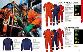 MC5627H5
LIGHT CARBOFLAME COVERALL
EN ISO 11611 A1 CLASS 1 		
EN ISO 11612 A1 B1 C1 E1 EN 1149-5
MATERIAL: 99% cotton, 1% carbon fibre, 230 g/m²
COLOUR: orange
SIZES: XS-3XL
∙
∙ Shirt collar
∙
∙ Two-way concealed central zipper closure with
flap and Velcro
∙
∙ Chest zipper pockets with flap and Velcro
∙
∙ Loop for gas detector
∙
∙ Pocket on left sleeve with flap and Velcro
∙
∙ Exterior-to-interior access on the sides
∙
∙ Front slanted pockets with flap and Velcro
∙
∙ Side elastic waistband
∙
∙ Two back pockets with flap and Velcro
∙
∙ Knee pad pockets
∙
∙ Ruler pocket with flap and Velcro
∙
∙ Reflective bands on shoulders, legs and sleeves
∙
∙ Triple stitching
MC5637H5
CARBOFLAME COVERALL
EN ISO 11612 A1 B1 C1 E1 F1 		
EN 1149-5 IEC EN 61482-1-2 CLASS 1
MATERIAL: 87% cotton, 12% nylon 		
and 1% carbon fibre, 255 g/m²
COLOUR: orange
SIZES: XS-3XL
∙
∙ Shirt collar
∙
∙ Two-way concealed central zipper closure with
flap and Velcro
∙
∙ Chest zipper pockets with flap and Velcro
∙
∙ Loop for gas detector
∙
∙ Pocket on left sleeve with flap and Velcro
∙
∙ Front slanted pockets with flap and Velcro
∙
∙ Exterior-to-interior access on the sides
∙
∙ Two back pockets with flap and Velcro
∙
∙ Side elastic waistband
∙
∙ Knee pad pockets
∙
∙ Ruler pocket with flap and Velcro
∙
∙ Reflective bands on shoulders, legs and sleeves
∙
∙ Triple stitching
MC5627Q4 COLOUR: blue
COLOUR: blue
COLOUR: red
COLOUR: red
MC5627L5
MC5637Q4
MC5637L5
UNLINED
UNLINED
99%
87%
1%
12%
1%
230
255
COTTON
COTTON
CARBON FIBRE
NYLON
CARBON FIBRE
G/M2
G/M2
LIGHT CARBOFLAME
CARBOFLAME
ENISO11612
ENISO11612
ENISO11611 ENISO11612
ENISO11612 EN 61482
EN 1149
EN 1149
EN 1149 EN 1149
MC6214Q4
FLAMESTAT POLO SHIRT
EN ISO 11612 A1 B1 C1 EN 1149-5
MATERIAL: Piquet fabric 	
54% modacrylic, 43% cotton 	
and 3% conductive fibre, 215 g/m²
COLOUR: blue
SIZES: XS-4XL
∙
∙ Flame retardant and antistatic
properties
∙
∙ Collar with concealed snap buttons
∙
∙ Elastic knitted cuffs
MC6212Q4
FLAMESTAT SWEATSHIRT
EN ISO 11612 A1 B1 C1 EN 1149-5
MATERIAL: 53% modacrylic, 44% cotton
and 3% conductive fibre, 370 g/m²
COLOUR: blue
SIZES: XS-4XL
∙
∙ Flame retardant and antistatic properties
∙
∙ Knitted turtleneck collar with concealed
metal zipper closure
∙
∙ Elastic knitted cuffs and waistband
138 139
 