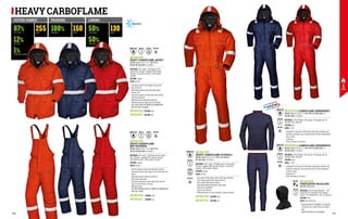 HEAVY CARBOFLAME
PADDED
100%
87% 50%
1%
12% 50%
150
255 130
ARAMID
COTTON LENZING
CARBON FIBRE
NYLON ARAMID
G/M2
G/M2 G/M2
PADDING
OUTER FABRIC LINING
MC5614H5
HEAVY CARBOFLAME JACKET
EN ISO 11612 A1 B1 C1 E1 F1 EN 1149-5 	
EN 342 IEC EN 61482-1-2 CLASS 1
MATERIAL: 87% cotton, 12% Nylon and 1%
carbon fibre, 255 g/m²; padding 100% aramid,
150 g/m²; lining 50% Lenzing®, 50% aramid,
130 g/m²
COLOUR: orange
SIZES: XS-3XL
∙
∙ Concealed central metal zipper closure with
flap and Velcro
∙
∙ Detachable padded hood with metal zipper
∙
∙ Elastic cuffs
∙
∙ Two chest pockets and two lower wide pockets
with flap and Velcro
∙
∙ Waistband with adjustable drawstring
∙
∙ Reflective band on hood, waist and sleeves
∙
∙ THE JACKET MUST BE WORN IN COMBINATION
WITH THE BIB-TROUSERS
MC5613H5
HEAVY CARBOFLAME 	
BIB-TROUSERS
EN ISO 11612 A1 B1 C1 E1 F1 EN 1149-5 		
EN 342 IEC EN 61482-1-2 CLASS 1
MATERIAL: 87% cotton, 12% Nylon and 1% carbon
fibre, 255 g/m²; padding 100% aramid, 150 g/m²; 	
lining 50% Lenzing®, 50% aramid, 130 g/m²
COLOUR: orange
SIZES: XS-3XL
∙
∙ Elastic shoulder straps with adjustable buckles
∙
∙ Concealed central metal zipper closure with flap and
Velcro
∙
∙ Side welt pockets with flap and Velcro
∙
∙ Side elastic waistband
∙
∙ Concealed adjustment metal zipper with flap and
Velcro on the bottom of the leg
∙
∙ Reflective band
∙
∙ THE BIB-TROUSERS MUST BE WORN IN COMBINATION
WITH THE JACKET
MC5617H5
HEAVY CARBOFLAME COVERALL
EN ISO 11612 A1 B1 C1 E1 F1 EN 1149-5 EN 342 		
IEC EN 61482-1-2 CLASS 1
MATERIAL: 87% cotton, 12% Nylon and 1% carbon fibre, 	
255 g/m²; padding 100% aramid, 150 g/m²; lining 50%
Lenzing®, 50% aramid, 130 g/m²
COLOUR: orange
SIZES: XS-3XL
∙
∙ Concealed central zipper closure with flap and Velcro
∙
∙ Chest zipper pockets with flap and Velcro
∙
∙ Ruler pocket with flap and Velcro
∙
∙ Detachable padded hood with metal zipper
∙
∙ Side elastic waistband
∙
∙ Loop for gas detector
∙
∙ Reflective bands on hood, shoulders, legs and sleeves
EN 342
EN 342
EN 342
EN 61482
EN 61482
EN 61482
COLOUR: blue
COLOUR: blue COLOUR: blue
COLOUR: red
COLOUR: red
COLOUR: red
MC5614Q4
MC5614L5
MC5613Q4
MC5613L5
MC5617Q4
MC5617L5
MC2433Q0
FIREFIGHTER BALACLAVA
EN 13911 EN 1149-5
MATERIAL: 56% M-Aramid Nomex®, 	31%
viscose FR, 6% polyamide, 3% P-Aramid
Kevlar®, 2% carbon fibre P-140, 2% elastane
COLOUR: blue
SIZES: one size fits all
∙
∙ Recommended for firefighters in situations
of thermal risk, contact heat and radiant
heat
∙
∙ Highly breathable and lightweight
EN13911
MC5610Q4 CARBOFLAME UNDERSHIRT
EN ISO 11612 A1 A2 B1 C1 F1 EN 1149-5 CEI EN 61482-1-1 		
CEI EN 61482-1-2 CLASS 1
MATERIAL: 63% FR Modal, 34% aramid, 2% spandex and 1%
antistatic fibre, 200 g/m²
COLOUR: blue
SIZES: S-3XL
∙
∙ Undershirt in technical stretch fabric with flame retardant and
antistatic protection, also protecting from the heat developed by
the arc flash
∙
∙ Turtleneck
∙
∙ Chain stitching in red colour
MC5620Q4 CARBOFLAME UNDERPANTS
EN ISO 11612 A1 A2 B1 C1 F1 EN 1149-5 CEI EN 61482-1-1 		
CEI EN 61482-1-2 CLASS 1
MATERIAL: 63% FR Modal, 34% aramid, 2% spandex and 1%
antistatic fibre, 200 g/m²
COLOUR: blue
SIZES: S-3XL
∙
∙ Underpants in technical stretch fabric with flame retardant and
antistatic protection, also protecting from the heat developed 		
by the arc flash
∙
∙ Ergonomic fit
∙
∙ Chain stitching in red colour
ENISO11612
ENISO11612
ENISO11612
ENISO11612
ENISO11612
EN 61482
EN 61482
EN 1149
EN 1149
EN 1149
EN 1149
EN 1149
EN 1149
140 141
 