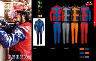 POLYTECH
COLOR
75%
24%
1%
280
COTTON
POLYESTER
ANTISTATIC
FIBRE
GR/M2
MC5731PH
POLYTECH COLOR TROUSERS
EN ISO 11611 A1 CLASS 1 EN ISO 11612 A1 B1 C1 E3 	
EN 1149-5 EN 13034 TYPE 6 IEC EN 61482-1-2 CLASS 1
MATERIAL: 75% cotton, 24% polyester and 1% antistatic
fibre, 280 g/m²
COLOUR: various colours
SIZES: 44-62
∙
∙ Fly with zipper and button
∙
∙ Two front welt pockets
∙
∙ Back pocket with flap and Velcro
∙
∙ Two three-dimensional functional pockets with flap 	
and Velcro
MC5734PH
POLYTECH COLOR JACKET
EN ISO 11611 A1 CLASS 1 EN ISO 11612 A1 B1 C1 E3 	
EN 1149-5 EN 13034 TYPE 6 IEC EN 61482-1-2 CLASS 1
MATERIAL: 75% cotton, 24% polyester and 1% antistatic
fibre, 280 g/m²
COLOUR: various colours
SIZES: 44-62
∙
∙ Chinese collar with Velcro
∙
∙ Concealed front zipper closure with metal snap buttons
∙
∙ Two chest pockets and two lower pockets with flap and
Velcro
∙
∙ Elasticated cuffs
∙
∙ Military style epaulettes on shoulders
∙
∙ Reflective piping on chest Q5 BLUE
L5 RED
P8 ROYAL BLUE
H5 ORANGE
B4 MOUSEY GREY
S6 BOTTLE GREEN
AVAILABLE COLOURS
MC5737
POLYTECH COLOR COVERALL
EN ISO 11611 A1 CLASS 1 EN ISO 11612 A1 B1 C1 E3 EN 1149-5
EN 13034 TYPE 6 IEC EN 61482-1-2 CLASS 1
MATERIAL: 75% cotton, 24% polyester and 1% antistatic fibre,
280 g/m²
COLOUR: various colours
SIZES: 44-62
∙
∙ Shirt collar
∙
∙ Military style epaulettes on shoulders
∙
∙ Two-way concealed central zipper closure with snap buttons
∙
∙ Two chest pockets with flap and Velcro
∙
∙ Two front pockets with flap and Velcro
∙
∙ Elasticated cuffs
∙
∙ Elastic waistband
∙
∙ Reflective piping on chest
ENISO11612 ENISO11612 ENISO11612
EN 61482 EN 61482 EN 61482
ENISO11611 ENISO11611 ENISO11611
EN 13034 EN 13034 EN 13034
EN 1149 EN 1149 EN 1149
NEW
FITTING
146 147
 