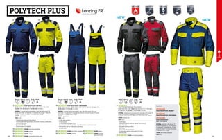 MC5813PR
POLYTECH PLUS BIB-TROUSERS
EN ISO 11611 A1 A2 CLASS 1 EN ISO 11612 A1 A2 B1 C1 D1 E1 F1 EN 1149-5 	
EN 13034 TYPE 6 IEC EN 61482-1-1 IEC EN 61482-1-2 CLASS 2
MATERIAL: Laminated multi-protection fabrics: outer fabric 65% Lenzing® FR
viscose, 22% aramid, 12% polyamide, 1% dissipative fibre, 250 g/m²; 	
lining 64% Lenzing® FR viscose, 35% aramid, 1% dissipative fibre, 150 g/m²
COLOUR: blue/royal blue
SIZES: 44-62
∙
∙ Fly with zipper
∙
∙ Double pocket and pen holder with flap and Velcro on the bib
∙
∙ Two welt pockets
∙
∙ Back pocket with flap and Velcro
∙
∙ Ruler pocket
∙
∙ Utility pocket with flap and Velcro
∙
∙ Preformed wear-and-tear reinforcement on the knees
∙
∙ Reflective bands
MC5813EG COLOUR: high visibility yellow/blue
COLOUR: red/grey
COLOUR: red/grey
COLOUR: royal blue/high visibility yellow
COLOUR: royal blue/
high visibility yellow
COLOUR: grey/black
COLOUR: grey/black
COLOUR: high visibility yellow/blue
COLOUR: high visibility yellow/blue
MC5814PR POLYTECH PLUS JACKET
EN ISO 11611 A1 A2 CLASS 1 EN ISO 11612 A1 A2 B1 C1 D1 E1 F1 EN 1149-5 	
EN 13034 TYPE 6 IEC EN 61482-1-1 IEC EN 61482-1-2 CLASS 2
MATERIAL: Laminated multi-protection fabrics: outer fabric 65% Lenzing® FR
viscose, 22% aramid, 12% polyamide, 1% dissipative fibre, 250 g/m²; lining 64%
Lenzing® FR viscose, 35% aramid, 1% dissipative fibre, 150 g/m²
COLOUR: royal blue/blue
SIZES: 44-62
∙
∙ Concealed zipper closure with flap and Velcro
∙
∙ Two chest pockets with flap and Velcro, one of which is featuring a mobile phone
pocket and a pen holder
∙
∙ Two pockets with flap
∙
∙ Reflective bands on the shoulders
MC5811PR POLYTECH PLUS TROUSERS
EN ISO 11611 A1 A2 CLASS 1 EN ISO 11612 A1 A2 B1 C1 D1 E1 F1 EN 1149-5 EN 13034 TYPE 6 	
IEC EN 61482-1-1 IEC EN 61482-1-2 CLASS 2
MATERIAL: Laminated multi-protection fabrics: outer fabric 65% Lenzing® FR viscose, 		
22% aramid, 12% polyamide, 1% dissipative fibre, 250 g/m²; lining 64% Lenzing® FR viscose, 	
35% aramid, 1% dissipative fibre, 150 g/m²
COLOUR: royal blue/blue
SIZES: 44-62
∙
∙ Fly with zipper and button
∙
∙ Two welt pockets
∙
∙ Two back pockets with flap and Velcro
∙
∙ Two utility pockets with flap and Velcro, one of which featuring a mobile phone holder
∙
∙ Preformed wear-and-tear reinforcement on the knees
∙
∙ Reflective bands
MC5814PQ
MC5814EG
MC5814CC
MC5814LE MC5811PQ
MC5811EG
MC5811CC
MC5811LE
ENISO11612 ENISO11612 ENISO11612
EN 61482 EN 61482 EN 61482
ENISO11611 ENISO11611 ENISO11611
EN 13034 EN 13034 EN 13034
MC5824HG
POLYTECH PLUS JACKET
MC5823HG
POLYTECH PLUS 	
BIB-TROUSERS
MATERIAL: outer fabric 43% Lenzing® FR
viscose, 31% polyester FR, 21% meta-aramid,
4% para-aramid, 1% dissipative fibre, 290 g/m²;
lining 64% Lenzing® FR viscose, 35% aramid,
1% dissipative fibre, 150 g/m²
COLOUR: high visibility orange/blue
SIZES: 44-62
EN 1149 EN 1149 EN 1149
01
02
03
04
05
06
07 09
08 10
11
12
POLYTECH PLUS
NEW
NEW
05
01 02 03 04
10
06 07 08 09
11 12
No picture:
MC5821HG
POLYTECH PLUS TROUSERS
150 151
 