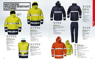 MC6024H1
MICROLINES JACKET
EN ISO 14116 EN 1149-5 EN 13034 TYPE PB6 			
EN ISO 20471 CLASS 3 EN 343
MATERIAL: 98% polyester coated PU, 2% dissipative fibre, 	
lining 100% cotton FR, padding 100% polyester
COLOUR: high visibility orange
SIZES: S-4XL
∙
∙ Two-way concealed central zipper closure with flap and snap
buttons
∙
∙ Foldaway hood
∙
∙ Inner wallet pocket fastened with Velcro
∙
∙ Two outer muff pockets
∙
∙ Two waterproof pockets with flap and Velcro
∙
∙ Elastic cuffs adjustable with Velcro
∙
∙ Drawstring waistband
∙
∙ Double reflective band on chest and sleeves
MC6015Q5
MICROLINES JACKET
EN ISO 14116 EN 1149-5 EN 13034 TYPE PB6 EN 343
MATERIAL: 98% PU coated polyester, 2% dissipative fibre, 		
lining 100% cotton FR, padding 100% polyester
COLOUR: blue
SIZES: XS-3XL
∙
∙ Two-way concealed zipper closure with flap and snap buttons
∙
∙ Foldaway hood
∙
∙ Detachable sleeves
∙
∙ Inner wallet pocket fastened with Velcro
∙
∙ Two waterproof pockets with flap and Velcro
∙
∙ Elastic cuffs adjustable with Velcro
MC6014Q5
MICROLINES JACKET
EN ISO 14116 EN 1149-5 EN 13034
TYPE PB6 EN 343
MATERIAL: 98% PU coated polyester,
2% dissipative fibre, lining 100% FR
cotton, padding 100% polyester
COLOUR: blue
SIZES: S-4XL
∙
∙ Two-way concealed zipper closure
with flap and snap buttons
∙
∙ Foldaway hood
∙
∙ Inner wallet pocket fastened 	
with Velcro
∙
∙ Two outer muff pockets
∙
∙ Two waterproof pockets with flap 	
and Velcro
∙
∙ Elastic cuffs adjustable with Velcro
∙
∙ Drawstring waistband
MC6011Q5
MICROLINES TROUSERS
EN ISO 14116 EN 1149-5 		
EN 13034 TYPE PB6 EN 343
MATERIAL: 98% PU coated polyester,
2% dissipative fibre, lining 100% 		
FR cotton, padding 100% polyester
COLOUR: blue
SIZES: S-2XL
∙
∙ Fly with concealed zipper closure 	
and flap
∙
∙ Elastic waistband
∙
∙ Two side zippered pockets
∙
∙ Back pocket
MC6025ED
MICROLINES BODYWARMER
EN ISO 14116 EN 1149-5 EN13034 TYPE PB6 		
EN ISO 20471 CLASS 2 EN 343
MATERIAL: 98% PU coated polyester, 2% dissipative
fibre, padding 100% polyester
COLOUR: high visibility yellow/blue
SIZES: S-4XL
∙
∙ Two-way concealed central zipper closure with internal
and external flap
∙
∙ Two three-dimensional lower pockets and muff pockets
∙
∙ Elastic waistband on sides
∙
∙ Longer rear part
MC6034ED
MICROLINES SPLIT JACKET
EN ISO 14116 EN 1149-5 EN 13034 TYPE PB6 	
EN ISO 20471 CLASS 3 EN 343
MATERIAL: 98% PU coated polyester, 	
2% dissipative fibre, lining 100% FR cotton, 	
padding 100% polyester
COLOUR: high visibility yellow/blue
SIZES: S-4XL
∙
∙ Two lower pockets with flap
∙
∙ Mobile phone pocket on chest and two inner
pockets
∙
∙ Foldaway hood
∙
∙ Elastic cuffs
∙
∙ Drawstring waistband
∙
∙ Two-way concealed zipper closure with flap
∙
∙ Detachable lining
MULTINORM
WEATHER RESISTANT
CLOTHING
MC6044ED
MICROLINES JACKET
EN ISO 14116 EN 1149-5 EN 13034 TYPE PB6 		
EN ISO 20471 CLASS 3 EN 343
MATERIAL: 98% PU coated polyester, 2% dissipative fibre, 	
lining 100% cotton FR, padding 100% polyester
COLOUR: high visibility yellow/blue
SIZES: S-4XL
∙
∙ Two-way concealed zipper closure with flap and snap buttons
∙
∙ Foldaway hood
∙
∙ Inner pocket closed with Velcro
∙
∙ Two outer muff pockets
∙
∙ Two waterproof pockets with flap and Velcro
∙
∙ Elastic cuffs, adjustable with Velcro
∙
∙ Drawstring waistband
∙
∙ Double reflective band on chest and sleeves
COLOUR: high visibility yellow
MC6024E1
EN 13034 EN 343
EN ISO 20471
EN ISO 14116
EN 13034 EN 343
EN ISO 20471
EN ISO 14116
EN 13034 EN 343
EN ISO 20471
EN ISO 14116
EN 13034 EN 343
EN ISO 14116
EN 13034 EN 343
EN ISO 14116
EN 13034 EN 343
EN ISO 14116
EN 13034
EN 343
EN ISO 20471
EN ISO 14116
EN 1149
EN 1149
EN 1149
EN 1149
EN 1149
EN 1149
EN 1149
NEW
DETACHABLE
LINING
158 159
 