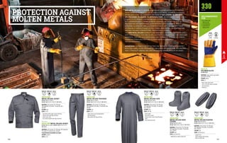 PROTECTION AGAINST
MOLTEN METALS
MC6124B0
METAL SPLASH JACKET
EN ISO 11611 A1 CLASS 2 		
EN ISO 11612 A1 B1 C1 D3 E3 F1 EN 1149-5
MATERIAL: 54% Lenzing® FR, 20% wool, 	
20% polyamide, 5% aramid, 1% antistatic fibre, 	
330 g/m²
COLOUR: grey
SIZES: 44-62
∙
∙ Concealed central zipper closure with flap
∙
∙ Chinese collar with flap and Velcro
∙
∙ Elastic inner cuffs
∙
∙ Four external pockets with flap and Velcro
MC6114B0 METAL SPLASH JACKET
EN ISO 11611 A1 CLASS 1 EN ISO 11612 A1 B1 C1 E2 F1 	
EN 1149-5
MATERIAL: 54% Lenzing® FR, 20% wool, 20% polyamide, 	
5% aramid, 1% antistatic fibre, 330 g/m².
Flame Retardant breathable rear fabric
COLOUR: grey/red
SIZES: 44-62
MC6111B0
METAL SPLASH TROUSERS
EN ISO 11611 A1 CLASS 2 		
EN ISO 11612 A1 B1 C1 D3 E3 F1 EN 1149-5
MATERIAL: 54% Lenzing® FR, 20% wool, 	
20% polyamide, 5% aramid, 1% antistatic fibre,
330 g/m²
COLOUR: grey
SIZES: 44-62
∙
∙ Zipper closure and concealed button
∙
∙ Two side pockets
∙
∙ Back pocket with flap and Velcro
MC6118B0
METAL SPLASH CAPE
EN ISO 11611 A1 CLASS 2 		
EN ISO 11612 A1 B1 C1 D3 E3 F1 EN 1149-5
MATERIAL: 54% Lenzing® FR, 20% wool,
20% polyamide, 5% aramid, 1% antistatic
fibre, 330 g/m²
COLOUR: grey
SIZES: 2XS-3XL
∙
∙ Ankle length
∙
∙ Rear Velcro closure
∙
∙ Chinese collar in blue Flame Retardant
fabric
∙
∙ Inner elasticated cuffs
MC6120B0
METAL SPLASH SLEEVES
EN ISO 11611 A1 CLASS 2 		
EN ISO 11612 A1 B1 C1 D3 E3 F1 EN 1149-5
MATERIAL: 54% Lenzing® FR, 20% wool, 	
20% polyamide, 5% aramid, 1% antistatic
fibre, 330 g/m²
COLOUR: grey
SIZES: one size fits all
∙
∙ Length 40 cm
∙
∙ Total coverage of the forearm
∙
∙ Elastic on both sides
MC6110B0
METAL SPLASH SHOE 	
COVERS
EN ISO 11611 A1 CLASS 2 		
EN ISO 11612 A1 B1 C1 D3 E3 F1 EN 1149-5
MATERIAL: 54% Lenzing® FR, 20% wool,
20% polyamide, 5% aramid, 1% antistatic
fibre, 330 g/m²
COLOUR: grey
SIZES: one size fits all
∙
∙ Height 38 cm, elastic around calf
RECOMMENDED
FOR
•	ALUMINIUM
INDUSTRY
•	FOUNDRIES
•	CONCRETE
INDUSTRY
330
GR/M2
No picture:
MA1125
SOLOMON GLOVE
EN 388 EN 407
MATERIAL: Heavy calfskin split leather
with Kevlar stitching
COLOUR: yellow
SIZES: 10
∙
∙ Back: heavy cotton cloth
∙
∙ Cuff: 16 cm stiff cotton cloth with
wrist protection
∙
∙ Dexterity: 3
ENISO11611 ENISO11611 ENISO11611
ENISO11611 ENISO11611
ENISO11612 ENISO11612 ENISO11612
ENISO11612 ENISO11612
EN 388 EN407
4 1 4 4 X X 2 X X X X
EN 1149 EN 1149 EN 1149
EN 1149 EN 1149
NEW METAL SPLASH IS A NEW GENERATION OF CLOTHES DESIGNED TO PROTECT
THOSE WORKING IN PRESENCE OF INCANDESCENT METAL, EITHER IN FOUNDRIES
OR WELDING SITES. THE GARMENTS ARE MADE OF 54% LENZING FR, 20% WOOL,
20% POLYAMIDE, 5% ARAMID, 1% ANTISTATIC FIBRE, AN INNOVATIVE FABRIC WHICH,
THANKS TO ITS UNIQUE COMPOSITION AND SURFACE TREATMENTS, FACILITATES
THE DISPERSION AND SLIPPING OF METAL CASTINGS, REDUCING THE RISK OF
PERFORATION AND BURNS, EVEN WHEN WORKING WITH ALUMINIUM. IN FACT,
ALTHOUGH ALUMINIUM’S MELTING TEMPERATURE IS 660°C, IN THE FIRST STAGE
OF COOLING IT DOES NOT LOSE CALORIC POWER, MAINTAINING ITS TEMPERATURE
AND MELTING MOST CONVENTIONAL PROTECTIVE CLOTHING.
THE NEW METAL SPLASH GARMENTS ARE WASHABLE, EXTREMELY RESISTANT AND
VERY COMFORTABLE; THEY ARE 20-50% LIGHTER THAN TRADITIONAL FIRE RESISTANT
GARMENTS. THEY ARE ALSO BREATHABLE AND THEREFORE REDUCE THE STRESS
CAUSED BY STRAIN AND HEAT DUE TO HEAVY WORK IN EXTREMELY
HOT ENVIRONMENTS.
ADVANTAGES: SUITABLE FOR PROTECTING THE OPERATOR FROM SHORT CONTACT
WITH THE FLAME, IN THE PRESENCE OF LOW VALUES OF CONVECTIVE AND RADIANT
HEAT. IT PROTECTS AGAINST WELDING OPERATIONS AND ALUMINIUM SPLASHES.
160 161
 