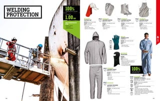 MC6514A0
LEATHER JACKET
EN ISO 11611 A1 CLASS 2
MATERIAL: 1 mm cowhide split leather
COLOUR: ice
SIZES: M-2XL
∙
∙ Velcro closure
∙
∙ Elastic cuffs
∙
∙ Detachable hood
MC6515A0
LEATHER TROUSERS
EN ISO 11611 A1 CLASS 2
MATERIAL: 1 mm cowhide split leather
COLOUR: ice
SIZES: M-2XL
∙
∙ Waist loops
∙
∙ Front closure with metal snap buttons
MC6511A0
LEATHER APRON
EN ISO 11611 A1 CLASS 2
MATERIAL: 1 mm cowhide split leather
COLOUR: ice
SIZES: one size fits all
∙
∙ Dimensions 60x90 cm
∙
∙ Leather strings closure
MC6513A0
LEATHER GAITERS
EN ISO 11611 A1 CLASS 2
MATERIAL: 1 mm cowhide split leather
COLOUR: ice
SIZES: one size fits all
∙
∙ Height 40 cm
∙
∙ Velcro closure
MC6512A0
LEATHER SLEEVES
EN ISO 11611 A1 CLASS 2
MATERIAL: 1 mm cowhide split leather
COLOUR: ice
SIZES: one size fits all
∙
∙ Elastic on both sides
∙
∙ Length 40 cm
MC6517K1
LEATHER CAP
MATERIAL: Natural full grain leather
COLOUR: natural/orange
SIZES: one size fits all
∙
∙ Internal lining
∙
∙ Adjustment strap and neck
protection in fire resistant fabric
MC3423N0
CHEMFIRE COVERALL
EN ISO 13982-1 TYPE 5 EN 13034 TYPE 6 EN 1073-2 	
EN ISO 14116 INDEX 1 EN 1149-5
MATERIAL: 100% antistatic polypropylene
COLOUR: cornflower blue
SIZES: M-2XL
∙
∙ TO BE WORN AS PROTECTION OVER CONVENTIONAL
GARMENTS
∙
∙ Concealed central zipper closure with flap
∙
∙ Elastic on hood, waistband, cuffs and ankles
∙
∙ Designed to protect against contact with small splashes 	
of liquid chemical agents, in presence of dust and particles
∙
∙ Suitable for short contacts with the flame
∙
∙ Pack of 25 pieces
WELDING
PROTECTION
100%
1.00MM
COWHIDE SPLIT LEATHER
THICKNESS
RECOMMENDED
FOR
•	METALLURGIC
INDUSTRY
•	MAINTENANCE
ENISO13982
EN1073
ENISO11611
ENISO11611
ENISO11611
ENISO11611 ENISO11611
100%
FLAME RETARDANT
POLYPROPYLENE
MA1118
TAIWAN GLOVE
EN 388 EN 407
MATERIAL: Heat-resistant split leather
COLOUR: green
SIZES: 10
∙
∙ Lining: denim cotton
∙
∙ Cuff: 14 cm split leather
MC2441Q0
BALACLAVA
MATERIAL:
COLOUR: blue
SIZES: one size fits all
∙
∙ Width 24.5 cm, length 47 cm, weight 76 g
∙
∙ Provides protection against thermal risks
caused by electrical arc
∙
∙ It can be used under a helmet
∙
∙ Fire resistant and antistatic
EN13034
EN 388
EN407
3 1 4 2 X
4 2 X X X X
ENISO14116
EN1149
166 167
 