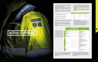 Many work situations expose workers to limited visibility, either by other people
or by moving machinery. For this reason, they must be easily and promptly
visible from an adequate safety distance.
High-visibility clothing are designed and made to enable workers wearing them
to be easily discernible, either during the day, or at night when outdoors (for
example, streets and tunnels) or indoors (for example, warehouses or logistics
facilities).
SIR high-visibility collection offers exceptional protection for professional use.
Our collection meets the strictest requirements in terms of design, functionality
Alternatively, Class 1 can be attained by using a combined performance material.
Class 3 is more performing since it provides larger areas of high-visibility
material.
For the purpose of the calculation, the minimum areas are measured on the
smallest size available, in the maximum closing position of the body. The
performance class can be obtained with a single garment or a set (e.g. jacket
and trousers).
The background material must be distributed on the front part of the garment
Class 3 clothing must be worn by all those working on roadwork sites with a speed
limit above 60 km/h, on railway tracks, in airports and during rescue operations.
Class 2 clothing can be worn by people supervising activities requiring Class
3 clothing. They must be worn outdoors in good weather conditions and where
visibility is adequate.
Class 1 clothing may be worn by people visiting roadwork sites where Class 3
clothing are required, for occasional short-term operations and accompanied by
people working on the site. They can also be used in service and transport sectors.
If activities might vary during the work shift, or in general, if in doubt, Class 3
clothing is recommended.
(1) = problematic situations, such as weather
conditions, background contrast, density of the traffic
and other factors, may lead to a higher risk level.
(2) = a “passive road user” refers to a person on the
road that is not involved in traffic and is focusing on
something else other than traffic (for example, a road
worker or a person in an emergency situation). On the
other hand, an “active road user” is a person on the
road, directly involved in traffic and focusing on it (for
example, a cyclist or a pedestrian on the road).
and comfort, and all models have been certified according to the standard EN
ISO 20471. In order to obtain maximum visibility during the day, the item must
have an adequate surface area of fluorescent material, whereas a large surface
of high quality reflective material increases visibility at night or in situations
with poor lighting.
The standard provides three performance classes, which differ by fluorescent
and retro-reflective material used to make the garment, in accordance with the
following table:
according to a 50±10% proportion.
The retro-reflective bands must be at least 50 mm wide and spaced out from
one another and the bottom of the garment by at least 50 mm.
The performance class is indicated on the marking label of the garment with
a number placed next to the specific high-visibility pictogram.
The correct class must be chosen based on the work environment, light
conditions and road traffic, according to the following table:
CLASS 1 CLASS 2 CLASS 3
MINIMUM AREA OF BACKGROUND MATERIAL (FLUORESCENT) 0,14 M2
0,50 M2
0,80 M2
MINIMUM AREA OF RETRO-REFLECTIVE MATERIAL (BANDS) 0,10 M2
0,13 M2
0,20 M2
MINIMUM AREA OF COMBINED PERFORMANCE MATERIAL 0,20 M2
- -
H
I
G
H
V
I
S
I
B
I
L
I
T
Y
I
N
C
R
E
A
S
E
D
V
I
S
I
B
I
L
I
T
Y
V
I
S
I
B
I
L
I
T
Y
HI-VIS CLOTHING
RISK LEVEL
FACTORS CONNECTED WITH THE RISK
LEVEL (1)
RISK LEVEL
VEHICLE SPEED
TYPE OF ROAD USER
(2)
HIGH RISK
EN ISO 20471 CLASS 3
>60 KM/H PASSIVE - DAY AND NIGHT VISIBILITY
- 360° BODY VISIBILITY (VISIBILITY ON ALL SIDES)
- BODY RECOGNITION
- MATERIAL AROUND THE TORSO
- SUITABLE QUANTITY AND QUALITY FOR THE DAY AND NIGHT
HIGH RISK
EN ISO 20471 CLASS 2
≤60 KM/H PASSIVE
HIGH RISK
EN ISO 20471 CLASS 1
≤30 KM/H PASSIVE
- DAY AND NIGHT VISIBILITY
- 360° BODY VISIBILITY (VISIBILITY ON ALL SIDES)
- BODY RECOGNITION
- SUITABLE QUANTITY AND QUALITY FOR
MEDIUM RISK
≤60 KM/H ACTIVE
- DAY AND NIGHT VISIBILITY
- VISIBILITY ON ALL SIDES
- RECOGNITION OF MOVEMENTS, IF APPLICABLE
(THERE IS NO NEED FOR THE MATERIAL AROUND THE TORSO)
- SUITABLE QUANTITY AND QUALITY FOR THE DAY AND NIGHT
(NOT NECESSARILY EN ISO 20471)
- WIDER CHOICE OF COLOURS AND DESIGNS
≤15 KM/H PASSIVE - NIGHT VISIBILITY
- VISIBILITY ON ALL SIDES
- RECOGNITION OF MOVEMENTS, IF APPLICABLE
(THERE IS NO NEED FOR THE MATERIAL AROUND THE TORSO)
- SUITABLE QUANTITY AND QUALITY FOR THE NIGHT
(NOT NECESSARILY EN ISO 20471)
- NO GADGET
≤60 KM/H ACTIVE
LOW RISK - -
BRIGHT COLOUR
FREE PATTERNED TRIM AND/OR REFLECTIVE MATERIAL
ANY QUANTITY AND QUALITY
168 169
 