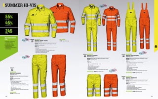 SUMMER HI-VIS
55%
45%
245
COTTON
POLYESTER
GR/M2
RECOMMENDED
FOR
•	GENERAL AND ROAD
CONSTRUCTION
•	ROAD SIGN WORK
•	ROAD AND PLANTS
MAINTENANCE
•	EMERGENCY RESPONSE
COMPANIES
MC3518E1
MISTRAL SHORT JACKET
EN ISO 20471 CLASS 3
MATERIAL: Mistral fabric 55% cotton and 45% polyester, 245 gr/m²
COLOUR: high visibility yellow
SIZES: 44-62
∙
∙ Shirt collar
∙
∙ Concealed closure with five buttons
∙
∙ Two chest pockets with flap and Velcro, one of which is three-
dimensional and equipped with a pen holder
∙
∙ High resistance jointed double seams
MC3518H1
COLOUR: high visibility orange
COLOUR: high visibility orange
COLOUR: high visibility orange
COLOUR: high visibility orange
COLOUR: high visibility orange
MC3522E1
MISTRAL TROUSERS
EN ISO 20471 CLASS 2
MATERIAL: Mistral fabric 55% cotton and 45% polyester,
245 gr/m²
COLOUR: high visibility yellow
SIZES: 42-64
∙
∙ Fly with zipper and button closure
∙
∙ Back elasticated waistband
∙
∙ Two reinforced patch pockets with side opening
∙
∙ Three-dimensional functional pocket with flap and Velcro
on the left
∙
∙ Right ruler pocket
∙
∙ Back pocket with flap and Velcro
∙
∙ Jointed double seams in the areas most exposed to wear
and tear
MC3522H1
MC3527E1
MISTRAL COVERALL
EN ISO 20471 CLASS 3
MATERIAL: Mistral fabric 55% cotton and 45% polyester, 245 gr/m²
COLOUR: high visibility yellow
SIZES: 44-62
∙
∙ Shirt collar
∙
∙ Two-way concealed central zipper closure
∙
∙ Right ruler pocket
∙
∙ Two patch pockets with side opening
∙
∙ Chest pocket with flap and Velcro
∙
∙ Back elasticated waistband
∙
∙ Jointed double seams in the areas most exposed to wear and tear
MC3523E1
MISTRAL BIB-TROUSERS
EN ISO 20471 CLASS 2
MATERIAL: Mistral fabric 55% cotton and 45% polyester, 245 gr/m²
COLOUR: high visibility yellow
SIZES: 44-62
∙
∙ Elastic shoulder straps with quick-fastening buckles
∙
∙ Bib pocket with flap and Velcro
∙
∙ Waistband closed with buttons
∙
∙ Rear bib
∙
∙ Two patch pockets with side opening
∙
∙ Right ruler pocket
∙
∙ Back pocket with flap and Velcro
∙
∙ Jointed double seams in the areas most exposed to wear and tear
MC3523H1
MC3520E1
MISTRAL BERMUDAS
EN ISO 20471 CLASS 2
MATERIAL: Mistral fabric 55% cotton and 45% polyester, 245 gr/m²
COLOUR: high visibility yellow
SIZES: 46-62
∙
∙ Fly with zipper and button
∙
∙ Side elasticated waistband
∙
∙ Two reinforced patch pockets with side opening
∙
∙ Two back pockets with flap and Velcro
∙
∙ Functional pocket with pen holder, closed with flap and Velcro
MC3520H1
MC3527H1
EN ISO 20471
EN ISO 20471 EN ISO 20471
EN ISO 20471
EN ISO 20471
174 175
 