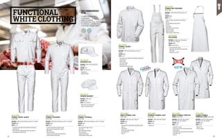FUNCTIONAL
WHITE CLOTHING
MC1135K1
SYMBOL SHORT JACKET
EN ISO 13688
MATERIAL: 100% Sanforized Massaua cotton 2/1, 260 g/m²
COLOUR: white
SIZES: 44-62
∙
∙ Concealed closure with five metal buttons detected by
metal detector
∙
∙ Cuffs and pockets fastened with metal snap buttons
∙
∙ Jointed double stitched seams
MC1137K1
SYMBOL COVERALL
EN ISO 13688
MATERIAL: 100% Sanforized Massaua cotton 2/1, 260 g/m²
COLOUR: white
SIZES: 44-62
∙
∙ Two-way central zipper closure
∙
∙ Shirt collar
∙
∙ Back elasticated waistband
∙
∙ Two side pockets
∙
∙ Zippered chest pocket
∙
∙ Jointed double stitched seams
MC1131K1
SYMBOL TROUSERS
EN ISO 13688
MATERIAL: 100% Sanforized Massaua cotton 2/1, 260 g/m²
COLOUR: white
SIZES: 38-62
∙
∙ Fly with metal button and plastic zipper
∙
∙ Back pocket with metal button closure
∙
∙ Waist loops
∙
∙ Side welt pockets
∙
∙ Pocket on left leg closed with metal button
∙
∙ Jointed double stitched seams
MC2321K1
BAHAMAS CAP
MATERIAL: 100% cotton and polyester
mesh fabric
COLOUR: white
SIZES: one size fits all
∙
∙ Baseball cap
∙
∙ Adjustable width
MC2311K1
WOMEN HAIRNET
MATERIAL: 100% cotton
COLOUR: white
SIZES: one size fits all
∙
∙ Wide cotton hairnet with peak
∙
∙ Hairnet in perforated cloth
RECOMMENDED
FOR
•	FOOD PROCESSING
•	CLEANING
•	MAINTENANCE
•	PHARMACEUTICAL INDUSTRY
•	CHEMICAL LABORATORIES
•	TESTING LABORATORIES
MC1134K1
SYMBOL JACKET
EN ISO 13688
MATERIAL: 100% Sanforized Massaua cotton 2/1, 		
260 g/m²
COLOUR: white
SIZES: 42-62
∙
∙ Concealed closure with five metal buttons detected by
metal detector
∙
∙ Chinese collar
∙
∙ Inner chest pocket
∙
∙ Elasticated cuffs
∙
∙ Jointed double stitched seams
MC1133K1
SYMBOL BIB-TROUSERS
EN ISO 13688
MATERIAL: 100% Sanforized Massaua cotton 2/1,
260 g/m²
COLOUR: white
SIZES: 44-62
∙
∙ Elastic shoulder straps with quick-fastening
buckle
∙
∙ Bib with zippered central pocket
∙
∙ Rear bib
∙
∙ Back pocket
∙
∙ Adjustable waist with buttons
∙
∙ Two front pockets
∙
∙ Right ruler pocket
∙
∙ Jointed double stitched seams
MC1168K1
MEN’S SYMBOL STRETCH
COAT EN ISO 13688
MATERIAL: Twill fabric 65% polyester, 	
32% cotton, 3% Lycra, 200 g/m²
COLOUR: white
SIZES: 44-62
∙
∙ Ergonomic cut yoke
∙
∙ Closure with six metal buttons detected by
metal detector
∙
∙ Side pockets and chest pocket with pen holder
∙
∙ Elasticated cuffs
∙
∙ Rear slit
MC1178K1
LADIES’ SYMBOL
STRETCH COAT EN ISO 13688
MATERIAL: Twill fabric 65% polyester,
32% cotton, 3% Lycra, 200 g/m²
COLOUR: white
SIZES: 38-56
∙
∙ Women’s fit
∙
∙ Rear martingale
MC1158K1
WOMEN’S SYMBOL COAT
EN ISO 13688
MATERIAL: 100% cotton Twill, 200 g/m²
COLOUR: white
SIZES: 38-56
∙
∙ Women’s fit
MC1148K1
MEN’S SYMBOL COAT
EN ISO 13688
MATERIAL: 100% cotton Twill, 200 g/m²
COLOUR: white
SIZES: 44-62
∙
∙ Closure with six metal buttons detected by metal
detector
∙
∙ Side pockets
∙
∙ Chest pocket with pen holder
∙
∙ Elasticated cuffs
∙
∙ Rear slit
MC2633K1
FOX APRON
MATERIAL: Terital/cotton, 65% polyester 	
and 35% cotton, 150 g/m²
COLOUR: white
SIZES: one size fits all
∙
∙ Closure with fabric string
∙
∙ Adjustable collar width with snap buttons
∙
∙ Side pocket
∙
∙ Dimensions cm 69x92
NEW
14 15
 