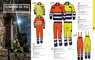 SUMMER HI-VIS
COLOR
MC3528HD
MISTRAL COLOR COVERALL
EN ISO 20471 CLASS 3
MATERIAL: Mistral fabric 55% cotton and 45% polyester, 245 gr/m²
COLOUR: high visibility orange/blue
SIZES: 44-62
∙
∙ Shirt collar
∙
∙ Two-way concealed central zipper closure
∙
∙ Right ruler pocket
∙
∙ Two patch pockets with side opening
∙
∙ Chest pocket with flap and Velcro
∙
∙ Back elasticated waistband
∙
∙ Jointed double seams in the areas most exposed to wear and tear
COLOUR: high visibility yellow/blue
MC3519HD
MISTRAL COLOR SHORT JACKET
EN ISO 20471 CLASS 2
MATERIAL: Mistral fabric 55% cotton and 45% polyester, 245 gr/m²
COLOUR: high visibility orange/blue
SIZES: 44-62
∙
∙ Shirt collar
∙
∙ Concealed closure with five buttons
∙
∙ Two chest pockets with flap and Velcro, one of which is three-
dimensional and equipped with a pen holder
∙
∙ High resistance jointed double seams
MC3519ED COLOUR: high visibility yellow/blue
COLOUR: high visibility yellow/blue
COLOUR: high visibility yellow/blue
MC3521HD
MISTRAL COLOR TROUSERS
EN ISO 20471 CLASS 2
MATERIAL: Mistral fabric 55% cotton and 45% polyester, 245 gr/m²
COLOUR: high visibility orange/blue
SIZES: 42-62
∙
∙ Fly with zipper and button
∙
∙ Back elasticated waistband
∙
∙ Two reinforced patch pockets with side opening
∙
∙ Functional pocket closed with flap and Velcro on the left
∙
∙ Right ruler pocket
∙
∙ Back pocket with flap and Velcro
∙
∙ Jointed double seams in the areas most exposed to wear and tear
MC3521ED
MC3524HD
MISTRAL COLOR BIB-TROUSERS
EN ISO 20471 CLASS 2
MATERIAL: Mistral fabric 55% cotton and 45% polyester, 245 gr/m²
COLOUR: high visibility orange/blue
SIZES: 44-62
∙
∙ Elastic shoulder straps with quick-fastening buckles
∙
∙ Bib pocket with flap and Velcro
∙
∙ Waistband closed with buttons
∙
∙ Rear bib
∙
∙ Two patch pockets with side opening
∙
∙ Right ruler pocket
∙
∙ Back pocket with flap and Velcro
∙
∙ Jointed double seams in the areas most exposed to wear and tear
MC3524ED
MC3528ED
EN ISO 20471
EN ISO 20471
EN ISO 20471
EN ISO 20471
177
176
 
