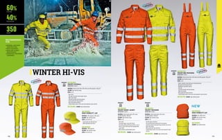 60%
40%
350
COTTON
POLYESTER
GR/M2
RECOMMENDED
FOR
•	GENERAL AND ROAD
CONSTRUCTION
•	ROAD SIGN WORK
•	ROAD AND PLANTS
MAINTENANCE
•	EMERGENCY RESPONSE
COMPANIES
WINTER HI-VIS
MC3616H1
VELVET SHORT JACKET
EN ISO 20471 CLASS 3
MATERIAL: Velvet fustian fabric 60% cotton 	
and 40% polyester, 350 gr/m²
COLOUR: high visibility orange
SIZES: 44-64
∙
∙ Shirt collar
∙
∙ Concelead zipper closure with Velcro
∙
∙ Two chest pockets with flap and Velcro, one of
which is three-dimensional and equipped with
a pen holder
∙
∙ High resistance jointed double seams
MC3616E1 COLOUR: high visibility yellow
MC3618H1
VELVET COVERALL
EN ISO 20471 CLASS 3
MATERIAL: Velvet fustian fabric 60% cotton and 40% polyester, 350 gr/m²
COLOUR: high visibility orange
SIZES: 44-62
∙
∙ Shirt collar
∙
∙ Two-way concealed central zipper closure
∙
∙ Right ruler pocket
∙
∙ Two patch pockets with side opening
∙
∙ Chest pocket with flap and Velcro
∙
∙ Back elasticated waistband
∙
∙ Jointed double seams in the areas most exposed to wear and tear
MC3618E1 COLOUR: high visibility yellow
COLOUR: high visibility yellow
COLOUR: high visibility yellow
COLOUR: high visibility yellow
MC3617H1
VELVET BIB-TROUSERS
EN ISO 20471 CLASS 2
MATERIAL: Velvet fustian fabric 60% cotton and 40% polyester, 350 gr/m²
COLOUR: high visibility orange
SIZES: 44-62
∙
∙ Elastic shoulder straps with quick-fastening buckles
∙
∙ Bib pocket with flap and Velcro
∙
∙ Waistband closed with buttons
∙
∙ Rear bib
∙
∙ Two patch pockets with side opening
∙
∙ Right ruler pocket
∙
∙ Back pocket with flap and Velcro
∙
∙ Jointed double seams in the areas most exposed to wear and tear
MC3617E1
MC3615H1
VELVET TROUSERS
EN ISO 20471 CLASS 2
MATERIAL: Velvet fustian fabric 60% cotton 		
and 40% polyester, 350 gr/m²
COLOUR: high visibility orange
SIZES: 42-64
∙
∙ Fly with zipper and button
∙
∙ Two reinforced patch pockets with side opening
∙
∙ Functional pocket closed with flap and Velcro on the left
∙
∙ Right ruler pocket
∙
∙ Back pocket with flap and Velcro
∙
∙ Jointed double seams in the areas most exposed to wear
and tear
MC3615E1
MC3530H1
MATERIAL: 100% polyester
COLOUR: high visibility orange
SIZES: one size fits all
MC3535H1
HIGH VISIBILITY CAP
MATERIAL: Yarn 100% acrylic
COLOUR: high visibility orange
SIZES: one size fits all
MC3535E1
EN ISO 20471
EN ISO 20471 EN ISO 20471
EN ISO 20471
MC3530E1
HIGH VISIBILITY CAP
MATERIAL: 70% polyester, 30% cotton
COLOUR: high visibility yellow
SIZES: one size fits all
∙
∙ Curved peak and reflective band
∙
∙ Width adjustable with Velcro
NEW
178 179
 