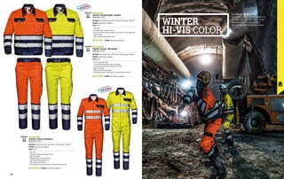 WINTER 			
HI-VIS COLOR
THE VELVET COLOR RANGE
FEATURES A BOLD STYLE THANKS TO
ITS TWO-TONE DESIGN, AND IT ALSO
ASSURES PROTECTION AGAINST
DIRT IN THE MOST EXPOSED AREAS.
MC3611HD
VELVET COLOR SHORT JACKET
EN ISO 20471 CLASS 2
MATERIAL: Velvet fustian fabric 60% cotton and 40% polyester, 350 gr/m²
COLOUR: high visibility orange/blue
SIZES: 44-62
∙
∙ Shirt collar
∙
∙ Concealed zipper closure with Velcro
∙
∙ Two chest pockets with flap and Velcro, one of which is three-dimensional
with pen holder
∙
∙ High resistance jointed double seams
MC3611ED COLOUR: high visibility yellow/blue
MC3612HD
VELVET COLOR TROUSERS
EN ISO 20471 CLASS 2
MATERIAL: Velvet fustian fabric 60% cotton and 40% polyester, 350 gr/m²
COLOUR: high visibility orange/blue
SIZES: 42-62
∙
∙ Fly with zipper and button
∙
∙ Two reinforced patch pockets with side opening
∙
∙ Functional pocket with flap and Velcro on the left
∙
∙ Right ruler pocket
∙
∙ Back pocket with flap and button
∙
∙ Jointed double seams in the areas most exposed to wear and tear
MC3612ED COLOUR: high visibility yellow/blue
COLOUR: high visibility yellow/blue
MC3614HD
VELVET COLOR COVERALL
EN ISO 20471 CLASS 3
MATERIAL: Velvet fustian fabric 60% cotton and 40% polyester, 350 gr/m²
COLOUR: high visibility orange/blue
SIZES: 44-62
∙
∙ Shirt collar
∙
∙ Two-way concealed central zipper closure
∙
∙ Right ruler pocket
∙
∙ Two patch pockets with side opening
∙
∙ Chest pocket with flap and Velcro
∙
∙ Back elasticated waistband
∙
∙ Jointed double seams in the areas most exposed to wear and tear
MC3614ED
EN ISO 20471
EN ISO 20471
EN ISO 20471
180 181
 