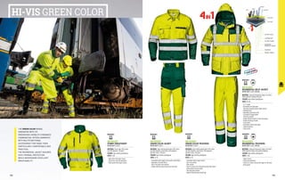 HI-VIS GREEN COLOR
THE GREEN COLOR RANGE,
INNOVATIVE WITH ITS
GREEN/HIGH-VISIBILITY CHROMATIC
COMBINATION, OFFERS GARMENTS
WITH MULTIFUNCTIONAL
ACCESSORIES THAT MAKE THEM
PARTICULARLY COMFORTABLE AND
PRACTICAL.
THE REGIMENTAL JACKET ASSURES
HIGH THERMAL PROTECTION
WHILE MAINTAINING EXCELLENT
BREATHABILITY.
MC3525EF
GREEN COLOR JACKET
EN ISO 20471 CLASS 2
MATERIAL: High visibility yellow fabric 55% cotton
and 45% polyester; green fabric 65% polyester 		
and 35% cotton, 245 gr/m²
COLOUR: high visibility yellow/green
SIZES: 44-62
∙
∙ Concealed central zipper closure with snap buttons
∙
∙ Adjustable cuffs with Velcro
∙
∙ Multi-functional chest pockets
∙
∙ Double reflective band around arms and chest
MC3526EF
GREEN COLOR TROUSERS
EN ISO 20471 CLASS 2
MATERIAL: High visibility yellow fabric 55% cotton
and 45% polyester; green fabric 65% polyester 		
and 35% cotton, 245 gr/m²
COLOUR: high visibility yellow/green
SIZES: 44-62
∙
∙ Concealed central zipper closure
∙
∙ Two front pockets
∙
∙ Ruler pocket
∙
∙ Easy-to-access multi-functional pocket with mobile
phone pocket and pen holder
∙
∙ Two large back pockets
∙
∙ Double reflective band around legs
MC3912EF
FUNNY SWEATSHIRT
EN ISO 20471 CLASS 2
MATERIAL: Plush fabric 55% cotton		
and 45% polyester, 310 gr/m²
COLOUR: high visibility yellow/green
SIZES: S-3XL
∙
∙ High collar with zipper closure
∙
∙ Elastic knit cuffs and waistband
∙
∙ Chest pocket with zipper closure
MC4120EF
REGIMENTAL TROUSERS
EN ISO 20471 CLASS 2 EN 343
MATERIAL: Supersoft bilaminate Clipper-Tex fabric, 	
100% polyester; Nylon lining without padding
COLOUR: high visibility yellow/green
SIZES: S-3XL
∙
∙ Zipper closure
∙
∙ Elasticated waistband
∙
∙ Exterior-to-interior access with zipper on the sides
∙
∙ Back pocket
MC4116EF
REGIMENTAL SPLIT JACKET
EN ISO 20471 CLASS 3 EN 343
MATERIAL: Supersoft bilaminate Clipper-Tex fabric, 	
100% polyester; padding 180 gr/m²
COLOUR: high visibility yellow/green
SIZES: XS-4XL
∙
∙ 4 in 1 model
∙
∙ Breathable and waterproof
∙
∙ Two-way concealed central zipper closure
∙
∙ Rollaway hood
∙
∙ Adjustable elasticated cuffs
∙
∙ Concealed ID badge holder
∙
∙ Two inner pockets
∙
∙ Double reflective band on chest and sleeves
∙
∙ Double stitching on bands 			
Inner jacket:
∙
∙ Detachable sleeves with zipper
∙
∙ Zippered pockets
∙
∙ Inner pocket
EN 343
EN 343
OUTER SHELL
Outer jacket
Inner jacket
INTERNAL
PADDING LINING
PADDING
INNER LINING
LAMINATION
OUTER LINING
VAPOUR
WIND
DIRT
HEAT
WATER
EN ISO 20471 EN ISO 20471 EN ISO 20471
EN ISO 20471
EN ISO 20471
4IN1
182 183
 