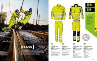 FLASH
THE FLASH RANGE, BOTH THE HIGH-VISIBILITY VERSION AND THE
TWO-TONES VERSION, GUARANTEES HIGH BREATHABILITY THANKS
TO ITS COMPOSITION: 100% COTTON WITH 305 GR/M2
WEIGHT ENSURES
PROTECTION, INCREASED STRENGTH AND RESISTANCE
ALSO THANKS TO THE JOINTED DOUBLE STITCHED SEAMS.
100%
305
COTTON
GR/M2
RECOMMENDED
FOR
•	GENERAL AND ROAD
CONSTRUCTION
•	ROAD SIGN WORK
•	ROAD AND PLANTS
MAINTENANCE
•	TRANSPORT
•	LOGISTICS
•	INDUSTRIAL PLANTS
MAINTENANCE 		
AND INSTALLATION
•	SERVICE AND
ASSISTANCE
COMPANIES
MC3714E1
FLASH SHORT JACKET
EN ISO 20471 CLASS 3
MATERIAL: 100% Super Fresh cotton, 305 gr/m²
COLOUR: high visibility yellow
SIZES: 44-62
∙
∙ Shirt collar
∙
∙ Concealed closure with five buttons
∙
∙ Two chest pockets with flap and Velcro, one of
which is three-dimensional and equipped with
a pen holder
∙
∙ High resistance jointed double seams
∙
∙ Double reflective band on sleeves and chest
MC3712E1
FLASH TROUSERS
EN ISO 20471 CLASS 2
MATERIAL: 100% Super Fresh cotton, 305 gr/m²
COLOUR: high visibility yellow
SIZES: 44-62
∙
∙ Fly with zipper closure
∙
∙ Functional three-dimensional pocket with flap
and Velcro and pen holder on left leg
∙
∙ Right leg ruler pocket
∙
∙ Back pocket with flap and button
∙
∙ High resistance jointed double seams
∙
∙ Double reflective band
MC3713EC
FLASH COLOR TROUSERS
EN ISO 20471 CLASS 2
MATERIAL: 100% Super Fresh cotton, 305 gr/m²;
Evolution inserts 65% polyester, 35% cotton, 	
240 gr/m²
COLOUR: high visibility yellow/blue
SIZES: 44-62
∙
∙ Central zipper closure
∙
∙ Back pocket with flap and Velcro
∙
∙ Functional three-dimensional pockets with flap
and Velcro
∙
∙ Jointed double seams
∙
∙ Blue inserts in high-resistant fabric on knees
and at the bottom of the trousers
∙
∙ Double reflective band
MC3715EC
FLASH COLOR SHORT JACKET
EN ISO 20471 CLASS 2
MATERIAL: 100% Super Fresh cotton, 305 gr/m²;
Evolution inserts 65% polyester, 35% cotton, 	
240 gr/m²
COLOUR: high visibility yellow/blue
SIZES: 44-62
∙
∙ Shirt collar
∙
∙ Concealed central zipper closure with Velcro
∙
∙ Three chest pockets, two with flap and Velcro
and one with zipper
∙
∙ Cuffs with button closure
∙
∙ Jointed double seams
∙
∙ Blue collar and inserts on shoulders and sleeves
∙
∙ Double reflective band on sleeves and chest
EN ISO 20471 EN ISO 20471 EN ISO 20471 EN ISO 20471
185
184
 