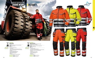 RUSH
EN ISO 20471 EN ISO 20471
MC2514H1
RUSH JACKET
EN ISO 20471 CLASS 3
MATERIAL: Twill 80% polyester, 20% cotton, weight 300 gr/m²
COLOUR: high visibility orange
SIZES: XS-4XL
∙
∙ Self-covered central zipper closure
∙
∙ Fleece lined collar
∙
∙ Two three-dimensional chest pockets with flap and Velcro, one
featuring a concealed badge holder and the other a hidden pocket
∙
∙ Muff pockets
∙
∙ Inner pocket with Velcro fastening
∙
∙ Wear-and-tear reinforcement at the elbows
∙
∙ Adjustable waistband with side buttons
∙
∙ Adjustable cuffs with snap button
∙
∙ Reflex inserts
∙
∙ 3M® reflective bands on chest, sleeves and shoulders.
MC2511H1
RUSH TROUSERS
EN ISO 20471 CLASS 3 (IN COMBINATION WITH THE JACKET)
EN 14404 WITH KNEE PAD ART. MC4911
MATERIAL: Twill 80% polyester, 20% cotton, weight 300 gr/m²
COLOUR: high visibility orange
SIZES: XS-4XL
∙
∙ Fly with zipper and button
∙
∙ Zip-off Cordura® reinforced holster pockets
∙
∙ Multi-functional utility pocket with flap and Velcro fastening, with mobile
phone pocket, pen holder and concealed ID badge holder
∙
∙ Ruler pocket
∙
∙ Two back pockets with flap and Velcro
∙
∙ Cordura® reinforced knee pad pockets
∙
∙ Extendable leg length by 4 cm
∙
∙ Reflex inserts
∙
∙ Triple stitched seams
MC2514E1 COLOUR: high visibility yellow COLOUR: high visibility yellow
COLOUR: high visibility red COLOUR: high visibility red
MC2514L1
MC2511E1
MC2511L1
188 189
 