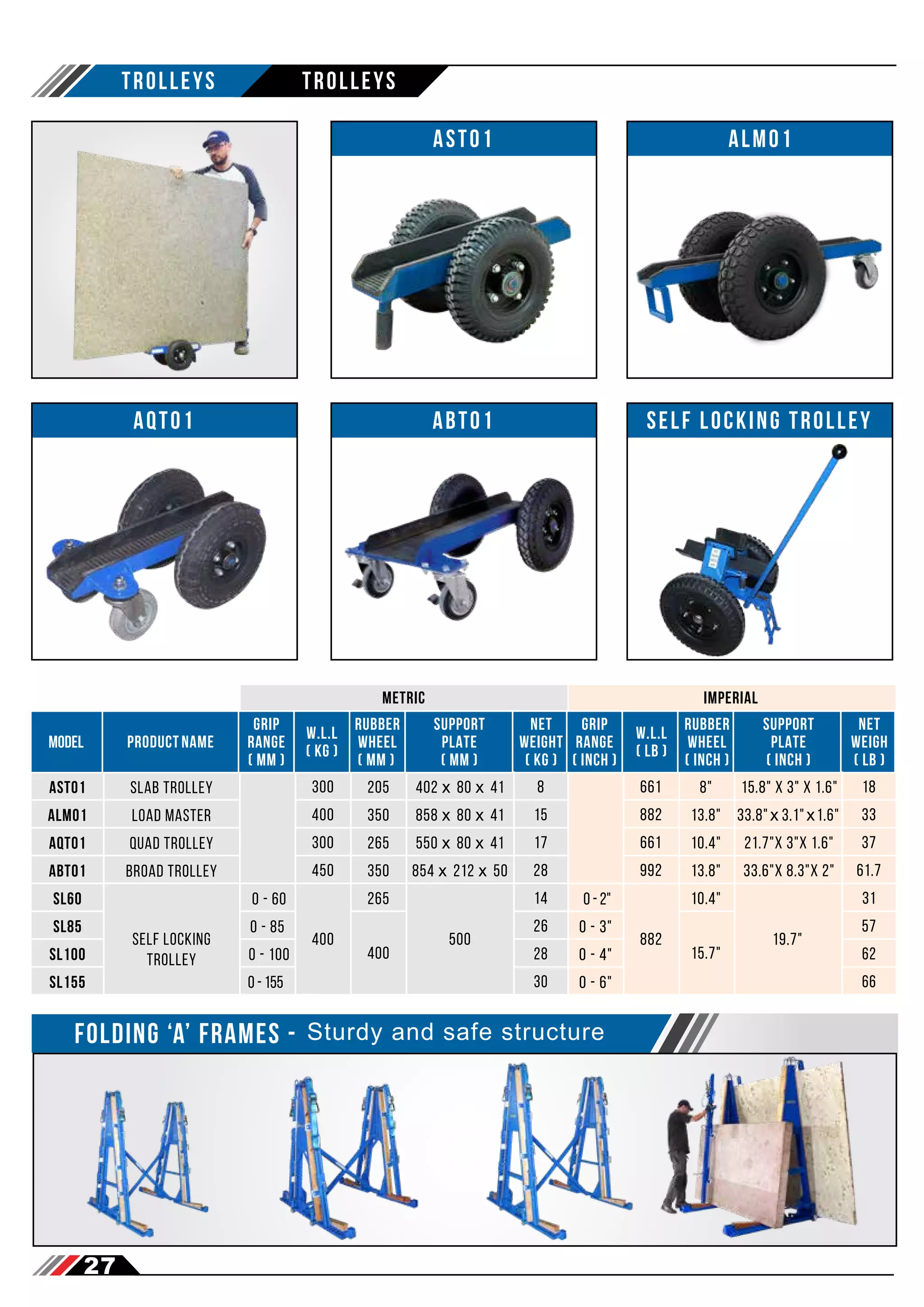 27
metric imperial
Trolleys Trolleys
MODEL
grip
range
( mm )
rubber
wheel
( mm )
support
plate
( mm )
net
weight
( Kg )
w.l.l
( Kg )
product name
205 402 x 80 x 41
300 8
slab Trolley
AST01
AST01
350 858 x 80 x 41
400 15
load master
ALM01
ALM01
265 550 x 80 x 41
300 17
quad Trolley
AQT01
AQT01
350 854 x 212 x 50
450 28
broad Trolley
ABT01
ABT01
265
500
400
14
0 - 60
self locking
Trolley
self locking Trolley
sL60
26
0 - 85
0 - 100
SL85
28
SL100
0 - 155 30
SL155
grip
range
( inch )
rubber
wheel
( inch )
support
plate
( inch )
net
weigh
( lB )
w.l.l
( lB )
8" 15.8" x 3" x 1.6"
661 18
13.8" 33.8"x 3.1"x1.6"
882 33
10.4" 21.7"x 3"x 1.6"
661 37
13.8" 33.6"x 8.3"x 2"
992 61.7
10.4"
400 15.7"
19.7"
882
31
0 - 2"
57
0 - 3"
0 - 4"
0 - 6"
62
66
folding ‘a’ frames - Sturdy and safe structure
 