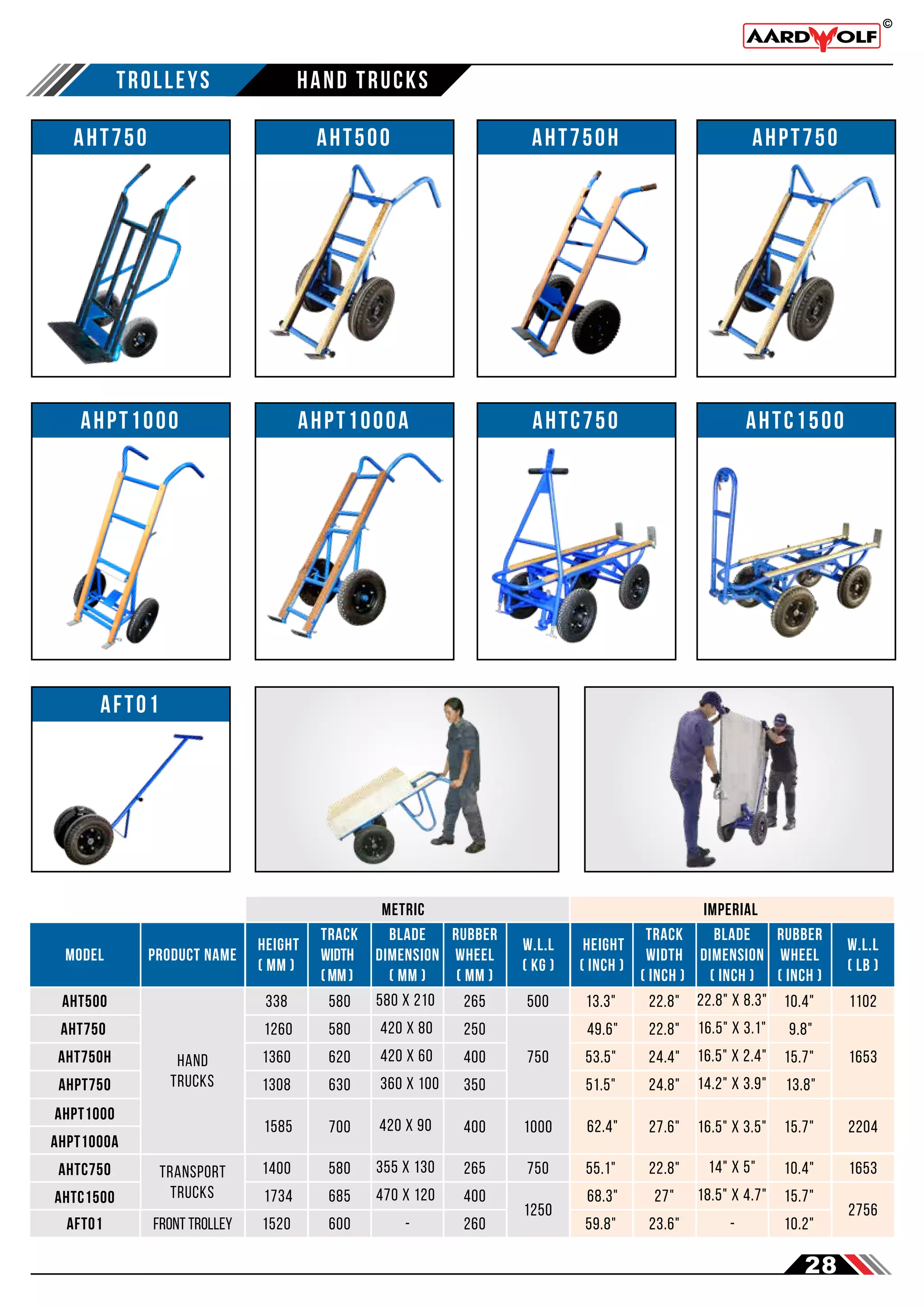 28
metric imperial
Trolleys hand trucks
MODEL
Height
( mm )
rubber
wheel
( mm )
265
track
width
( mm )
580 500
w.l.l
( Kg )
product name
Hand
Trucks
AHT500
AHT500
250
580
750
AHT750
AHT750
400
620
AHT750H
AHT750H
400
700 1000
AHPT1000
AHPT1000
AHPT750
AHPT1000a
AHPT1000a
260
600
1520
front trolley
transport
trucks
AFT01
265
580 750
400
685
1250
580 x 210
Blade
dimension
( mm )
420 x 80
420 x 60
420 x 90
- -
355 x 130
470 x 120
1400
1734
1260
338
1360
350
630
AHpt750 360 x 100
1308
1585
Height
( inch )
rubber
wheel
( inch )
10.4"
track
width
( inch )
22.8" 1102
w.l.l
( lB )
9.8"
22.8"
1653
15.7"
24.4"
15.7"
27.6" 2204
10.2"
23.6"
2756
59.8"
10.4"
22.8" 1653
15.7"
27"
22.8" x 8.3"
Blade
dimension
( inch )
16.5" x 3.1"
16.5" x 2.4"
16.5" x 3.5"
14" x 5"
18.5" x 4.7"
55.1"
68.3"
49.6"
13.3"
53.5"
13.8"
24.8" 14.2" x 3.9"
51.5"
62.4"
AHTC750
AHTC750
AHTC1500
AHTC1500
AFT01
-
 